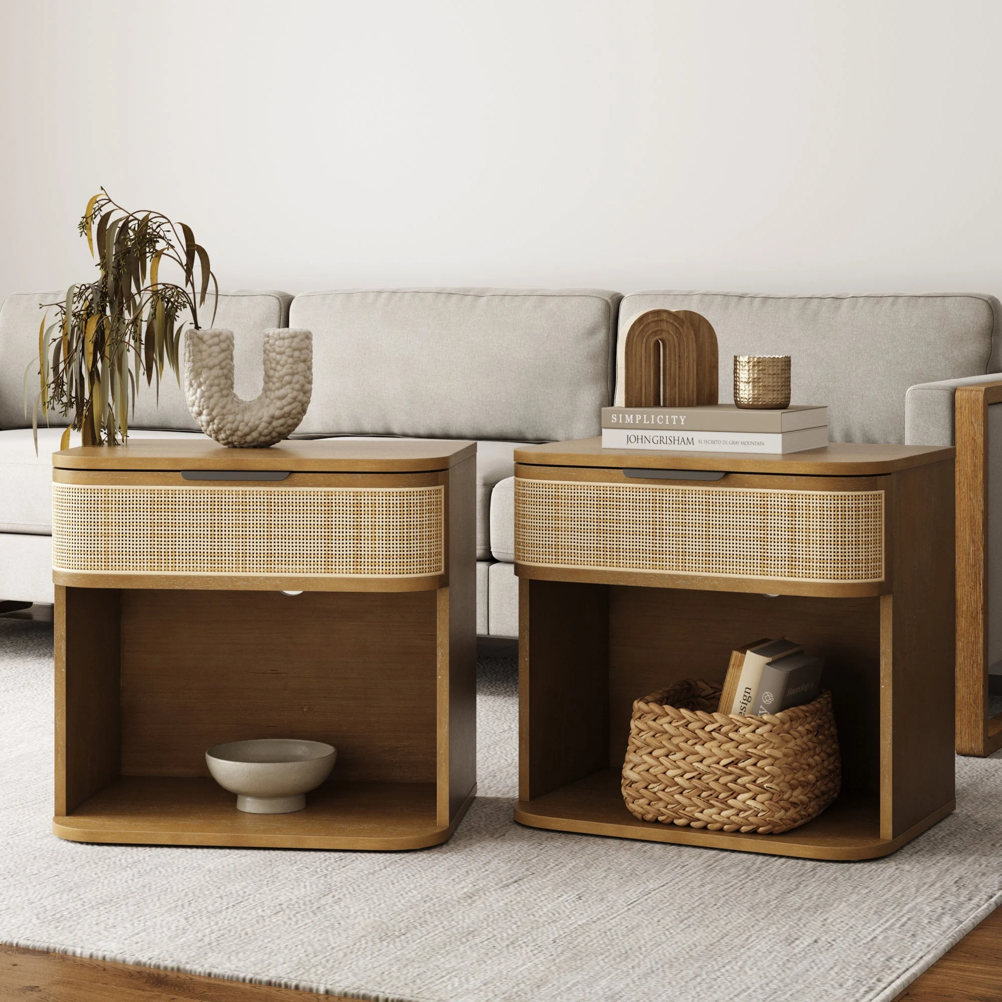 Curved Rattan Nightstand Set with Drawer Light Brown