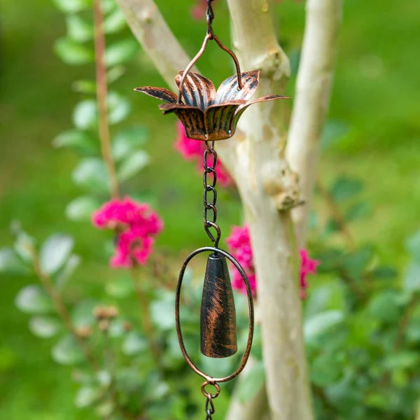 Daisies and Bells 76" Long Iron Rain Chain Copper Patina