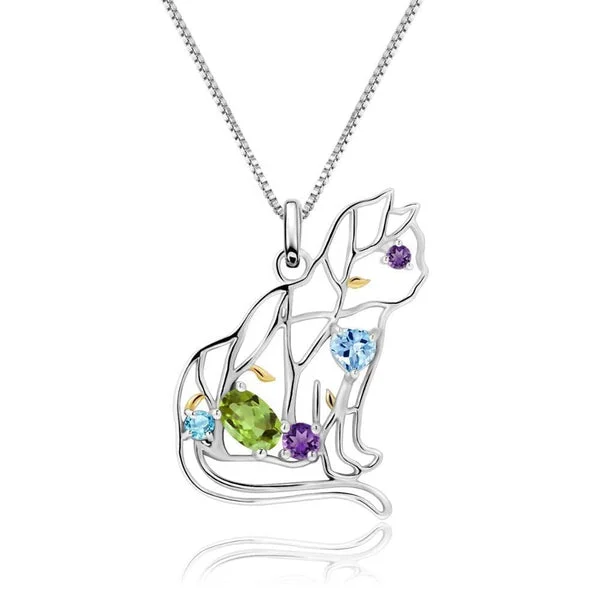 Designer Unique Cat Necklace Sterling Silver & REAL Gemstones!Garnet, Topaz, Peridot