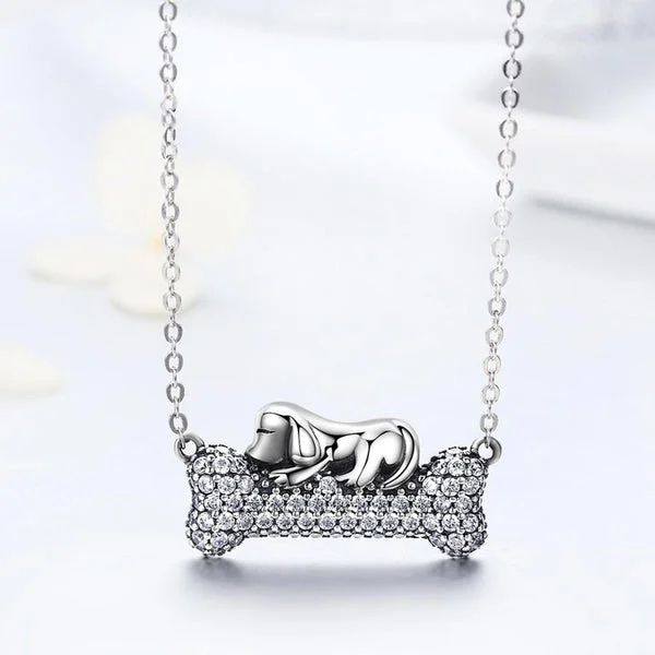 Dog Sleeping on Bone Unique Necklace for Dog Lovers 925 Sterling Silver