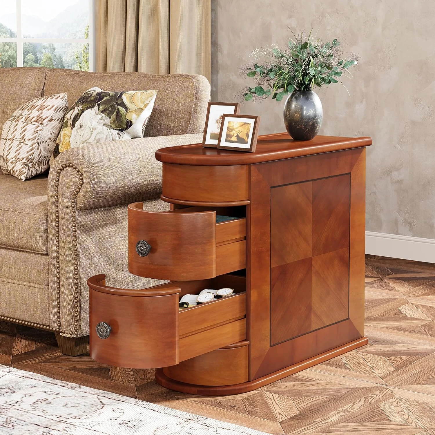 End Table with 2 Drawers, Sofa Side Table with Storage, No Assembly Required