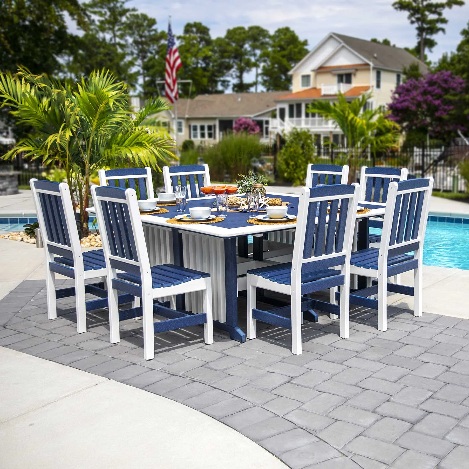English Garden Amish 72" Square Poly Patio Dining Dining & Chair Set for 8