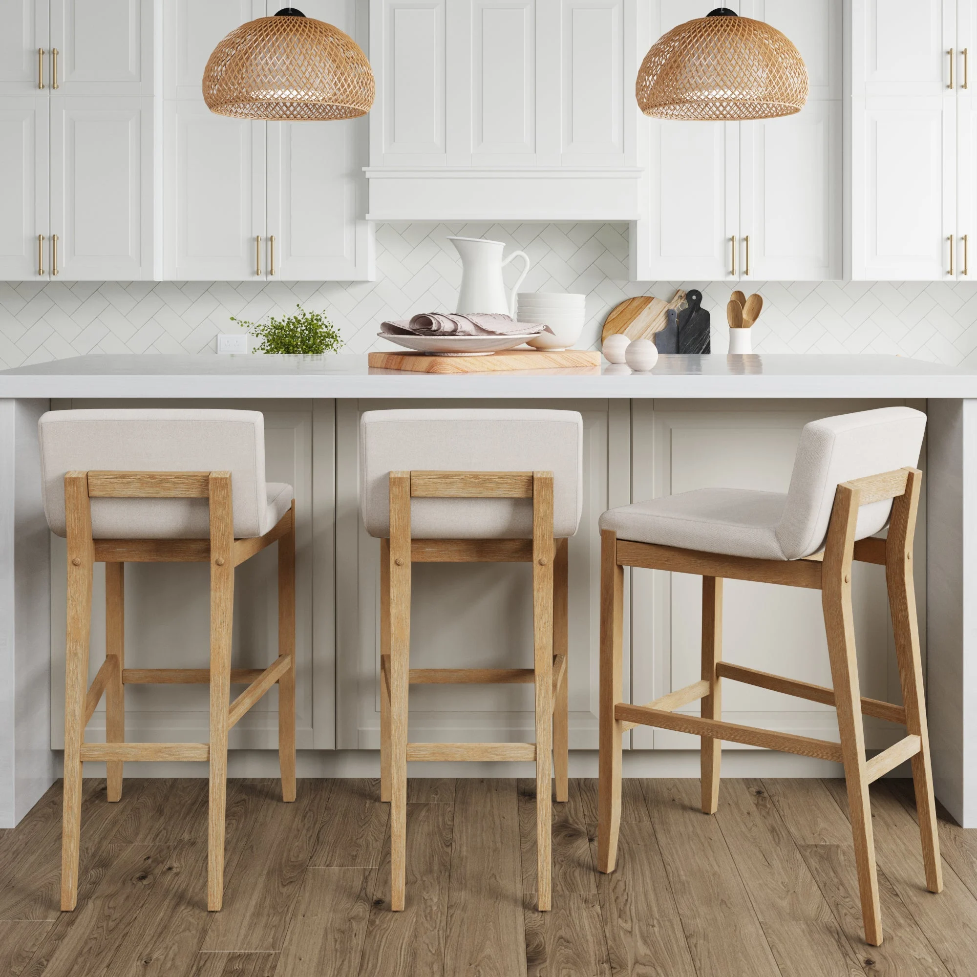 Exposed Wood Back Boucle Bar Stool Warm Pine Boucle (Set of 3)