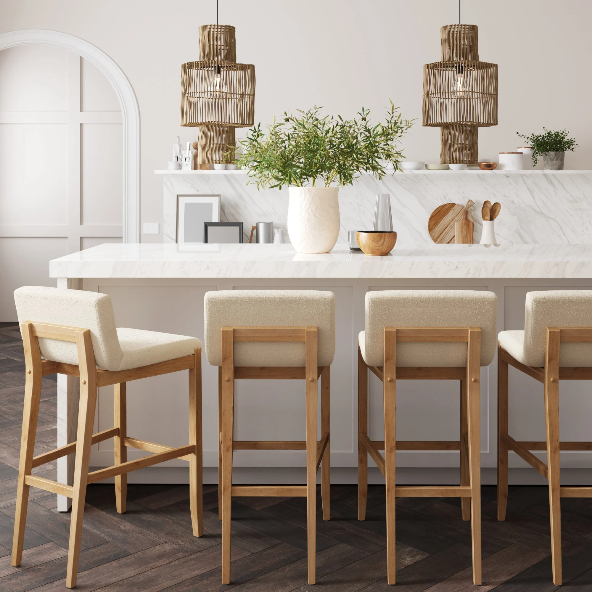Exposed Wood Back Boucle Bar Stool Warm Pine Boucle (Set of 4)
