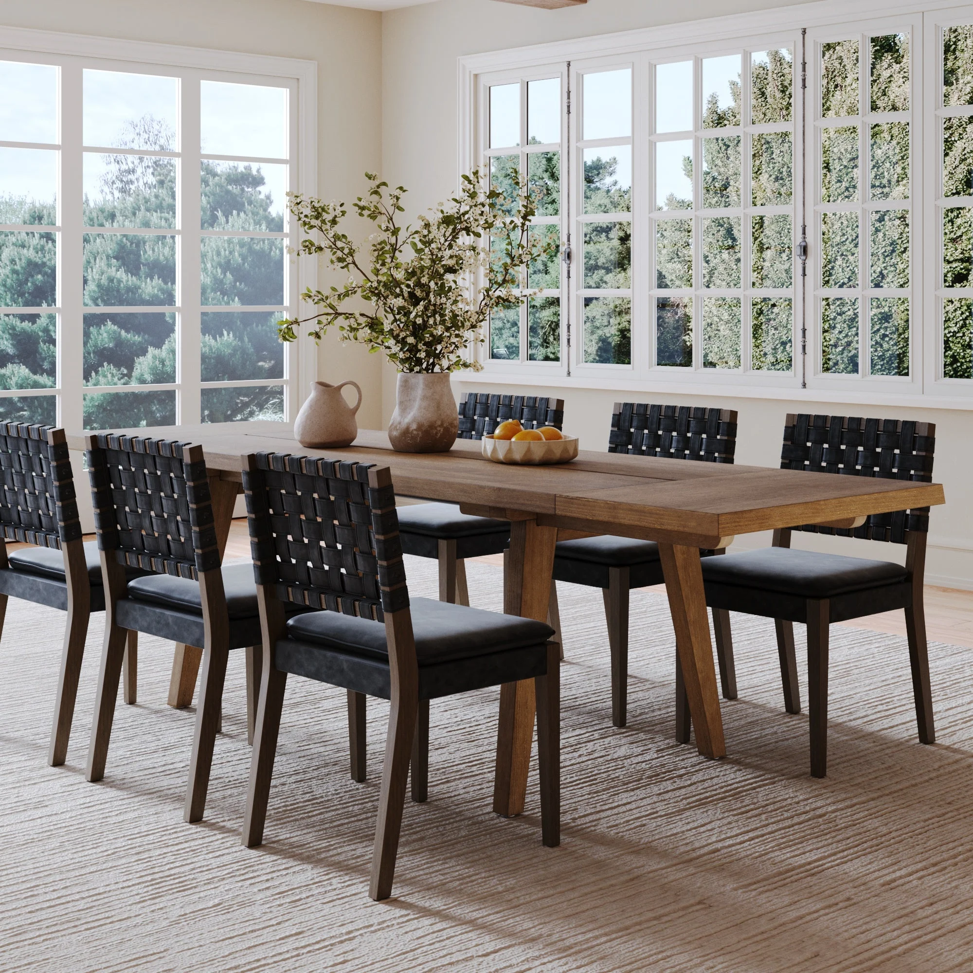 Extendable Woven Faux Leather Dining Set Black (6 Chairs)