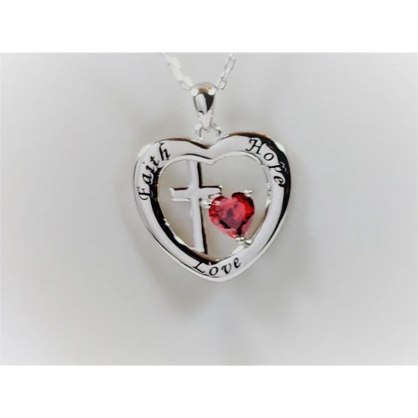 Faith, Hope and Love Sterling Silver Pendant with Red CZ Heart, Beautiful!