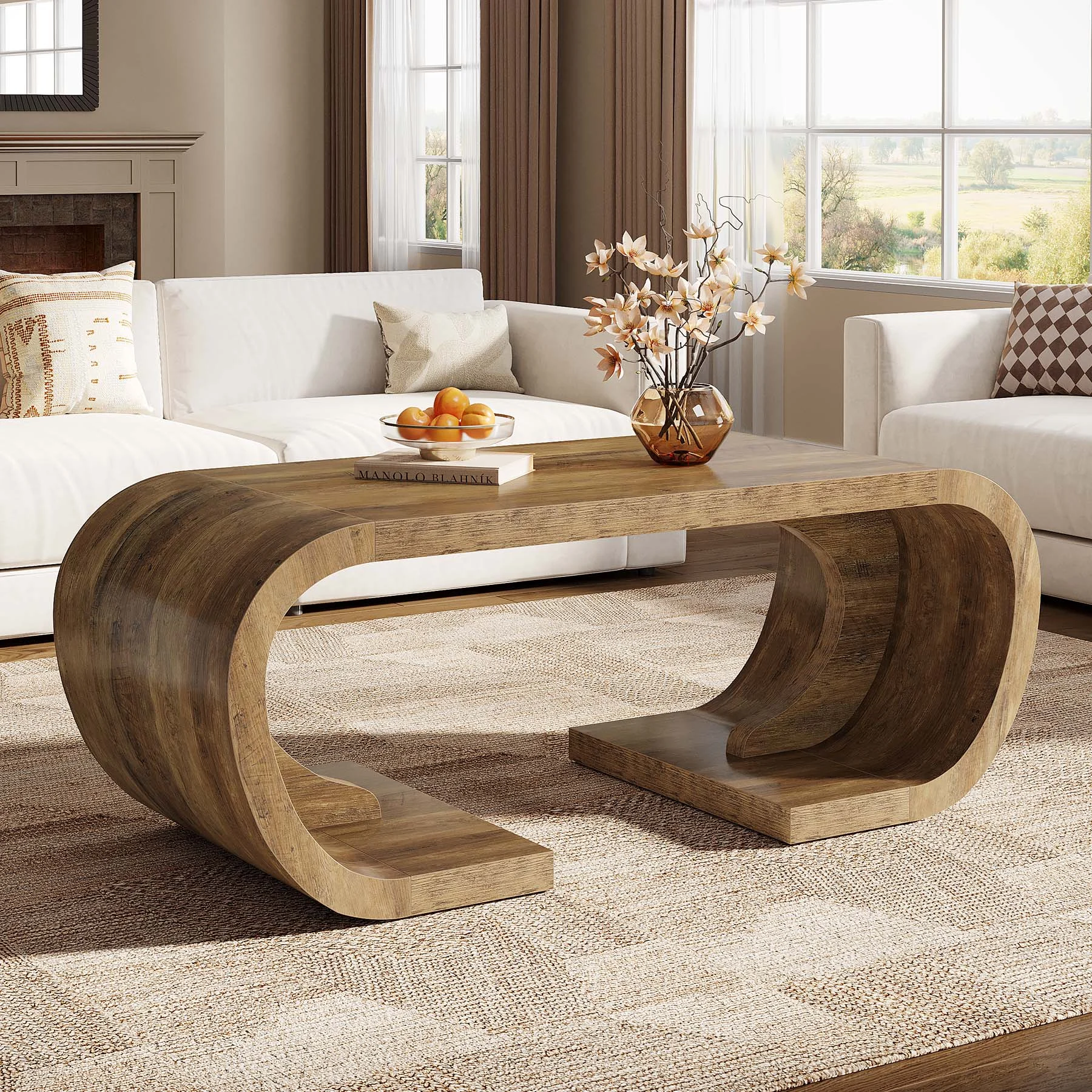 Farmhouse Coffee Table, 47" C-Shaped Center Table with Curved Base