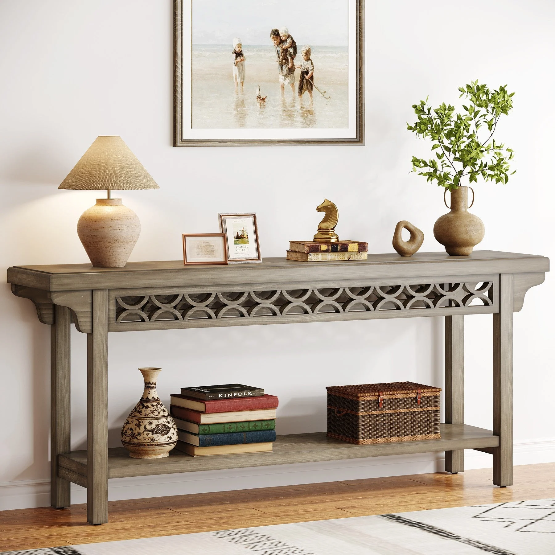 Farmhouse Console Table, 70.8" Narrow Wood Sofa Table with Storage