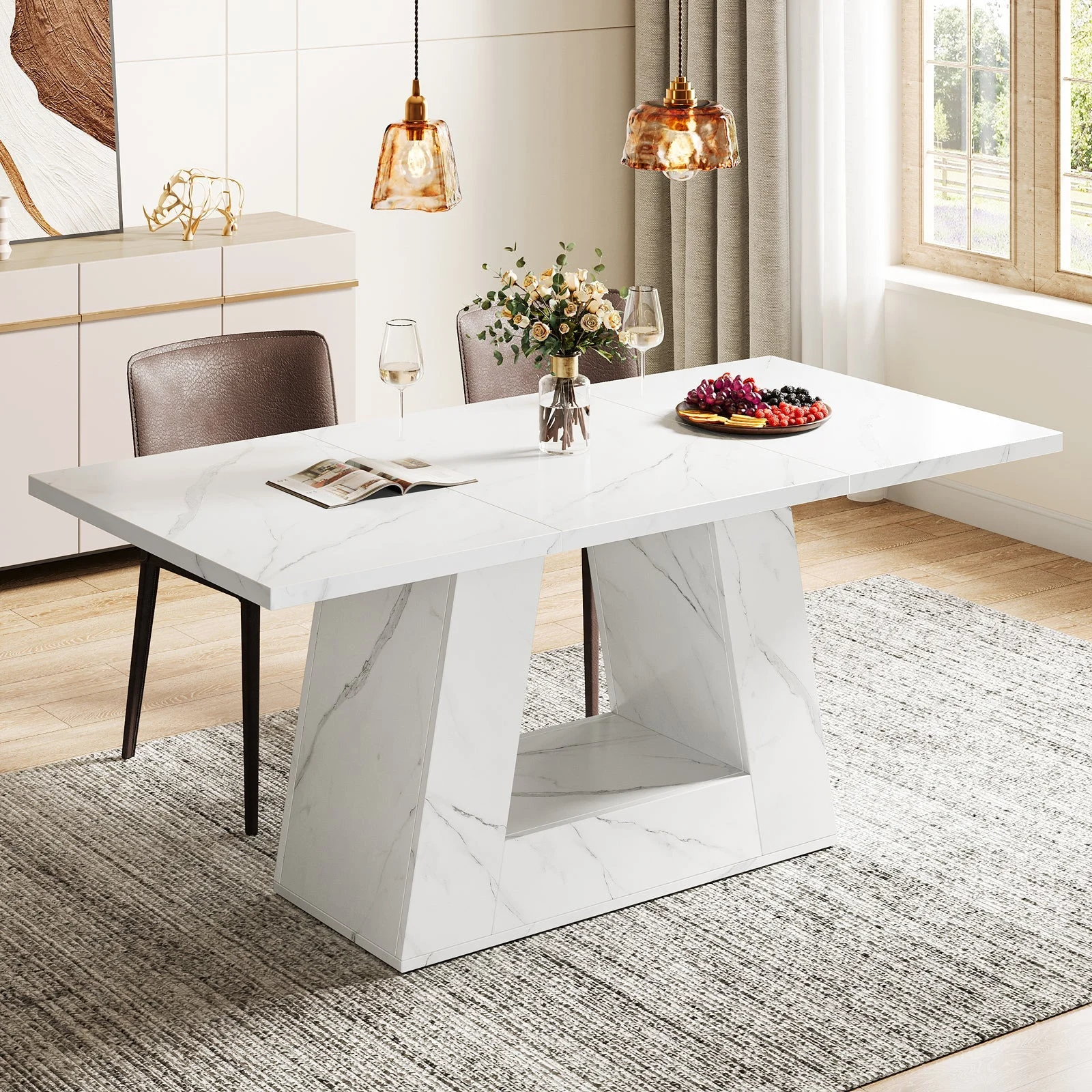 Faux Marble Dining Table, 63" Kitchen Table for 4 to 6 People