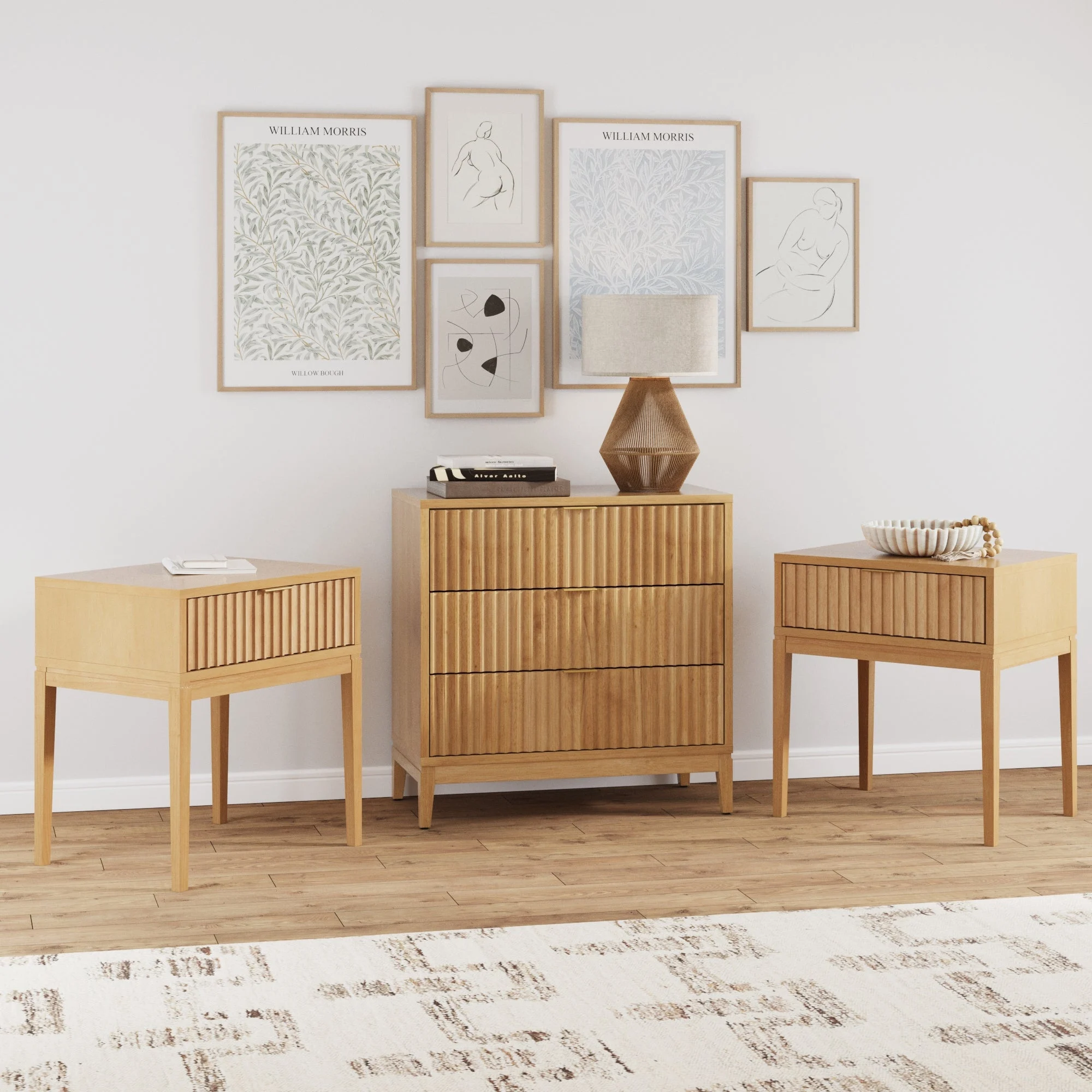 Fluted Dresser and 2 Nightstands Set Warm Pine