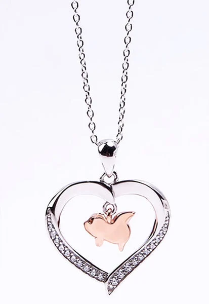 Flying Pig in a Heart with CZ Sterling Silver Necklace 18" Sliding Chain