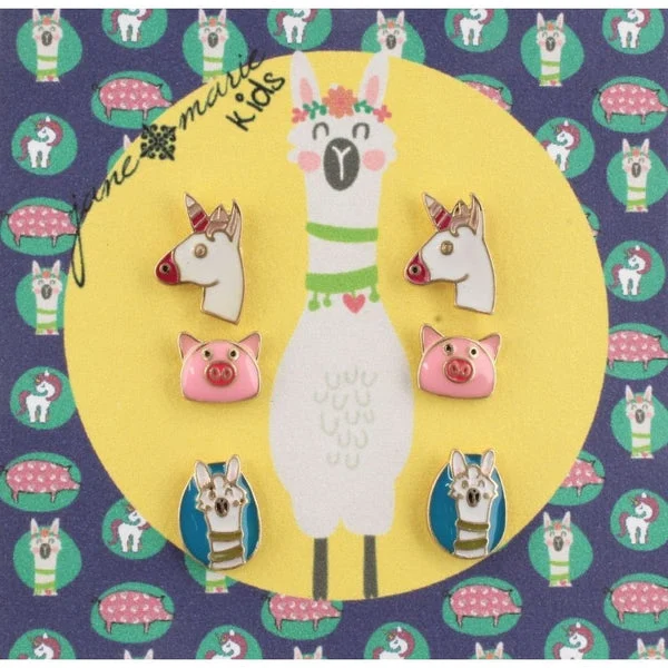 Girl's Fashion Necklaces and Earring Sets-Pink Pig, Unicorn, Llama by Jane Marie
