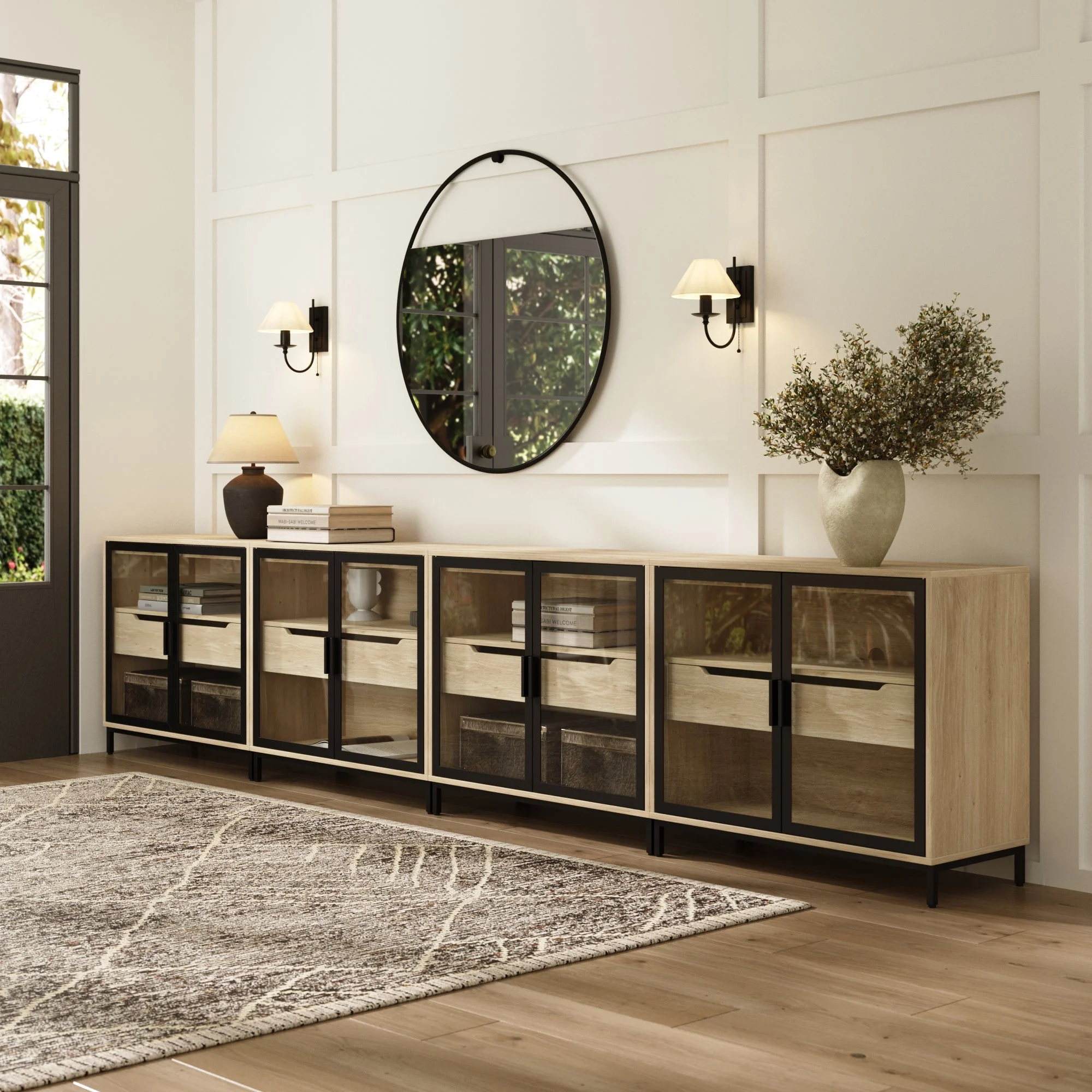 Glass Cabinet Credenza with Drawer Light Oak (Set of 4)