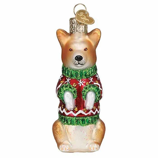 Glass Christmas Corgi in Holiday Sweater Ornament Top Quality Keepsake
