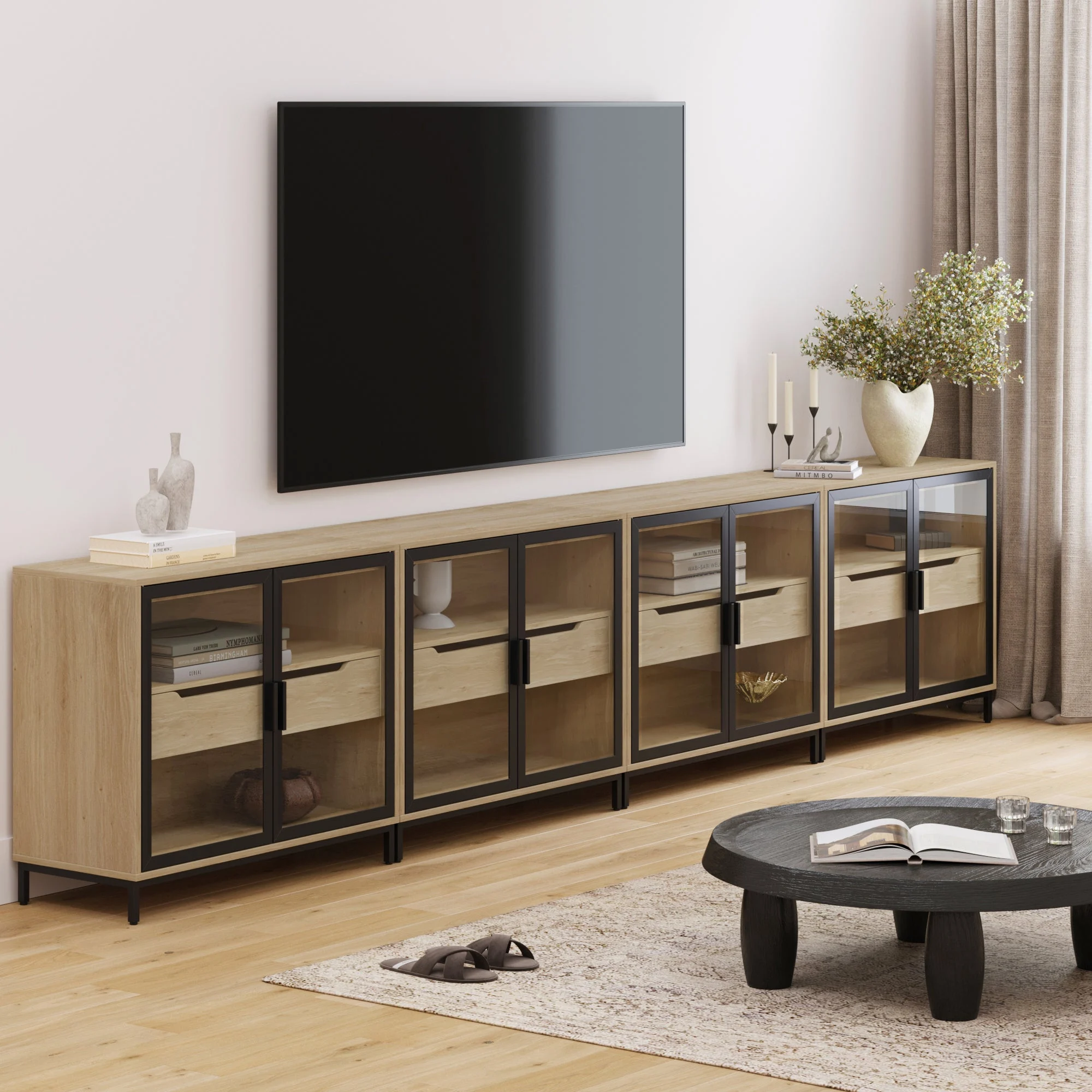 Glass TV Stand Console Cabinet with Doors for TVs up to 100"