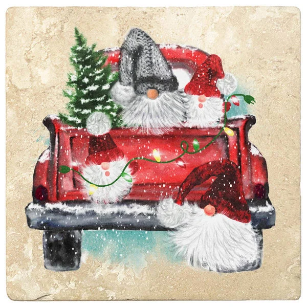 Gnomes Country Christmas by Krebs - 4" Travertine Coasters -