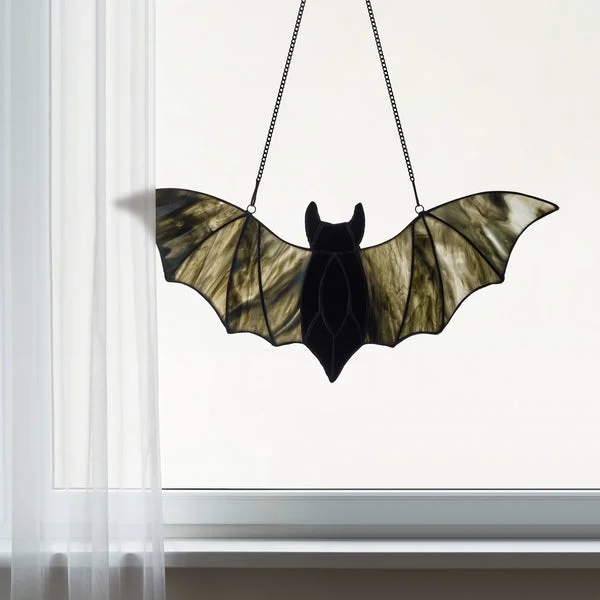 Halloween Black Bat Stained Glass Window Panel