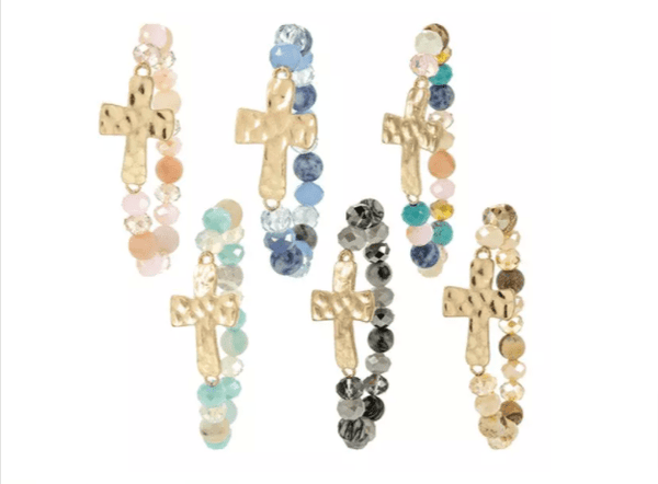 Hammered Cross Natural Stone Bracelets Stretch Variety of Colors