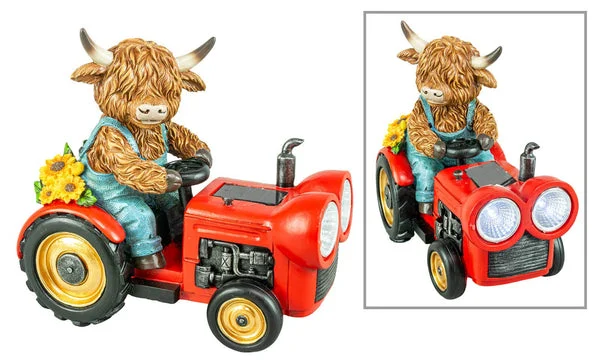 HIGHLAND COW TRACTOR WITH SOLAR LIGHTS Porch or Garden Decor