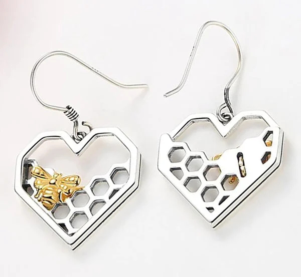 Honey Bee Heart Comb Earrings 925 Sterling SIlver for Bee Lovers
