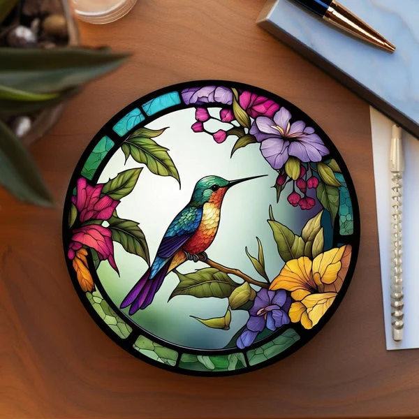 Hummingbird Stained Glass Image Ceramic Coaster Eco-Friendly Handmade in the USA