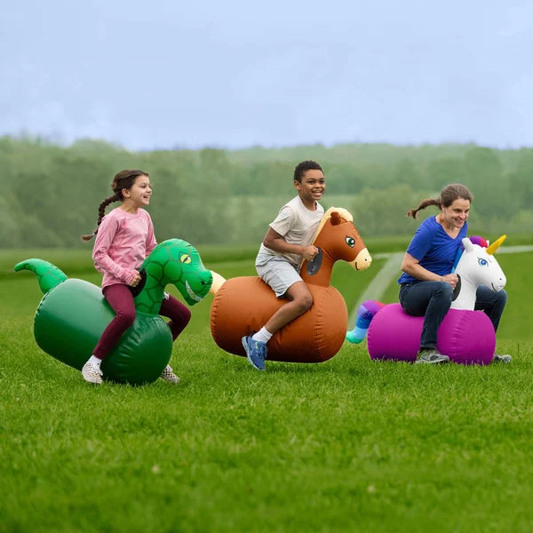 Inflatable Ride-On Hop 'n Go Cow, Dinosaur or Unicorn Sets of 2, too!