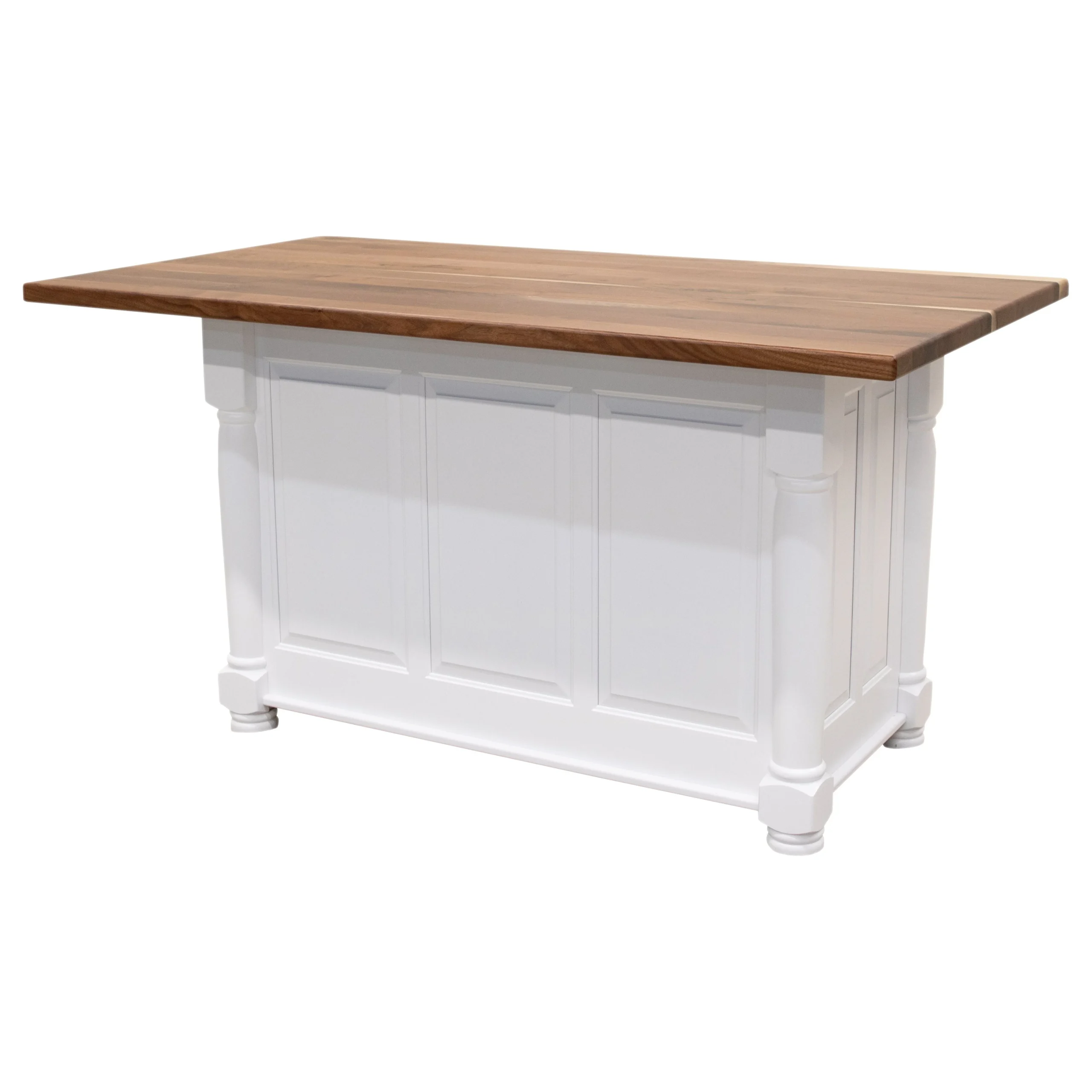IS-98 Turned Leg White Island Cabinet with Walnut Wood Butcher Block Top | DW&NAT