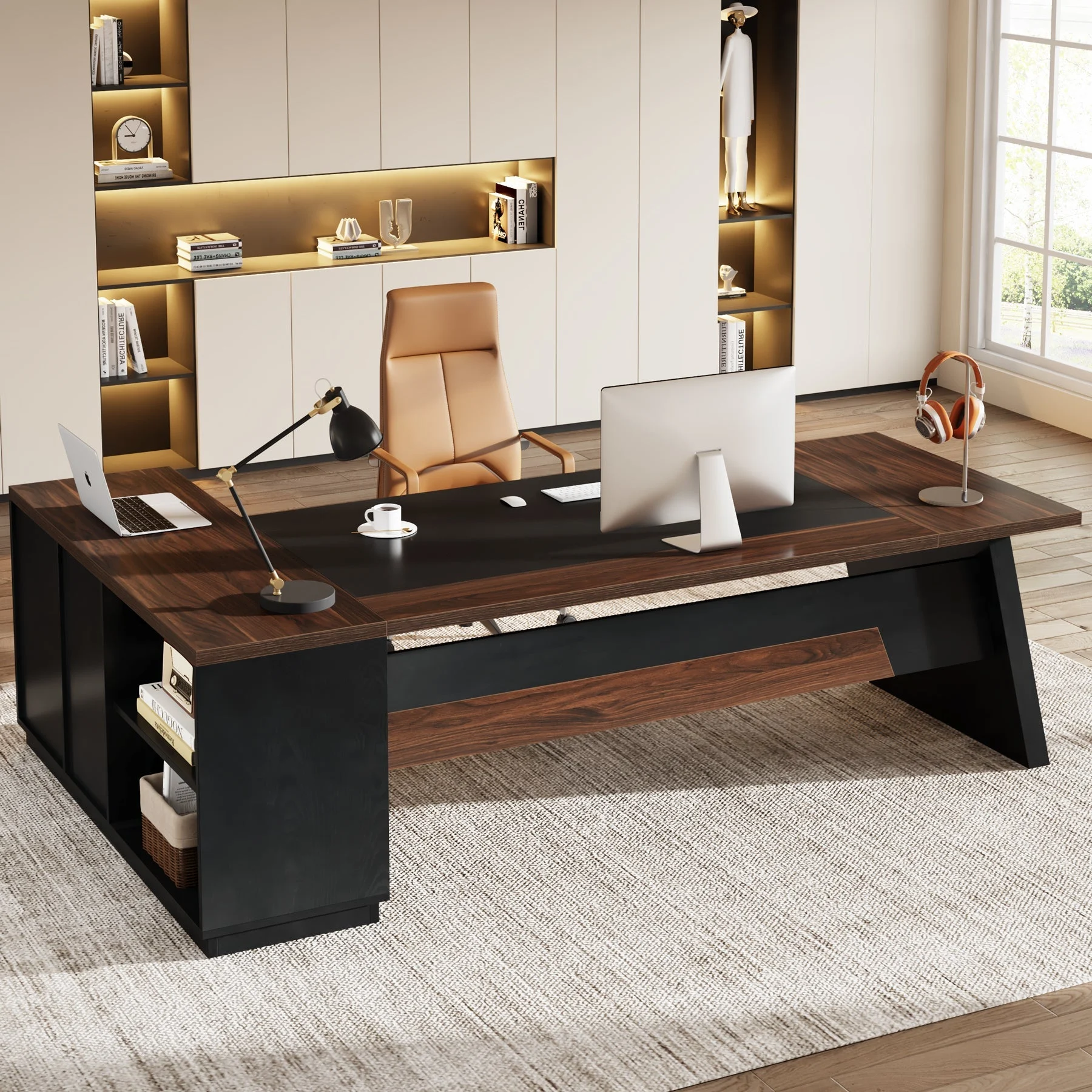 L-Shaped Executive Desk, 78" Office Desk with Drawers and Lateral File Cabinet