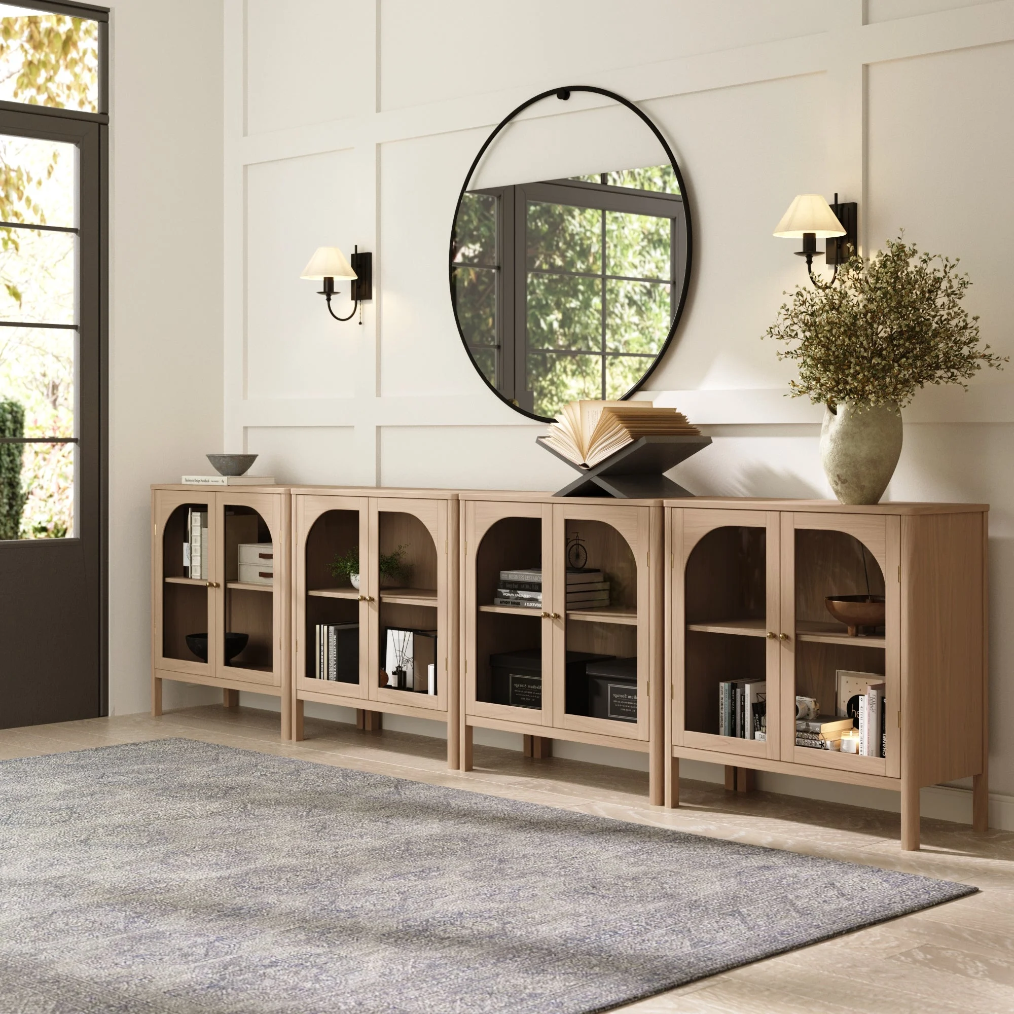 Large Glass Door Curio Cabinet Credenza Raw Oak (Set of 4)