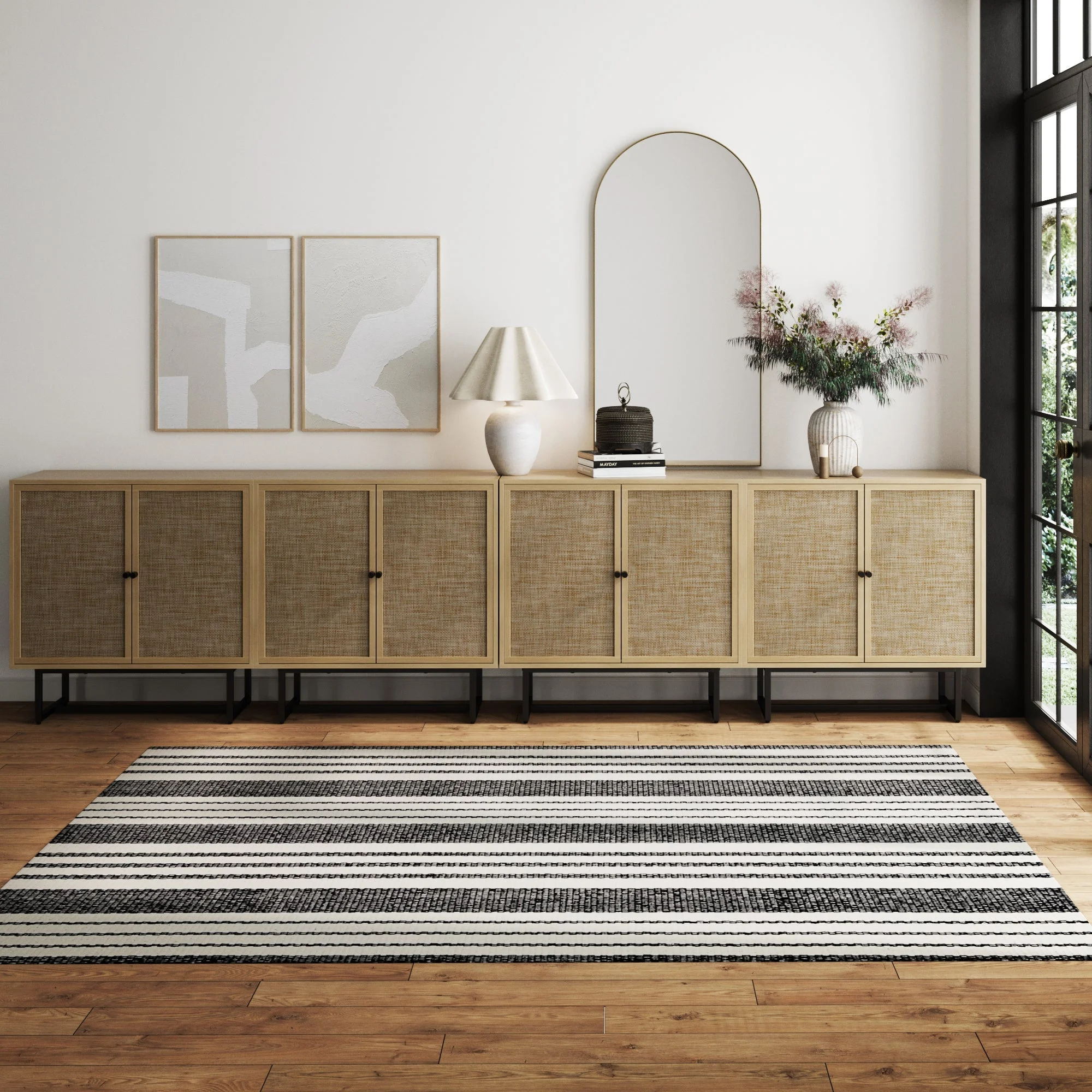 Large Rattan Credenza Console Table Oak (Set of 4)