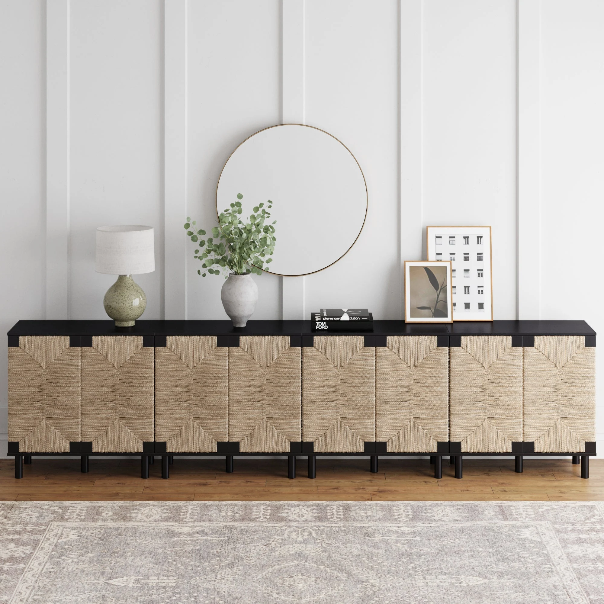 Large Seagrass Storage Cabinet Credenza Black (Set of 4)