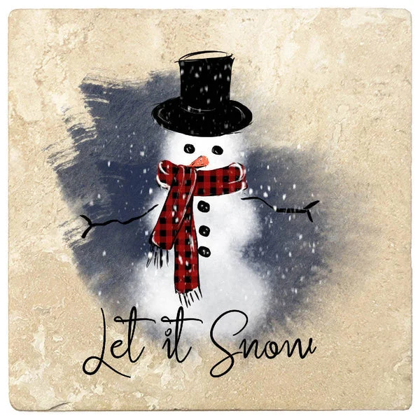 Let it Snow Coaster Set Christmas by Krebs - 4" Travertine Coasters -