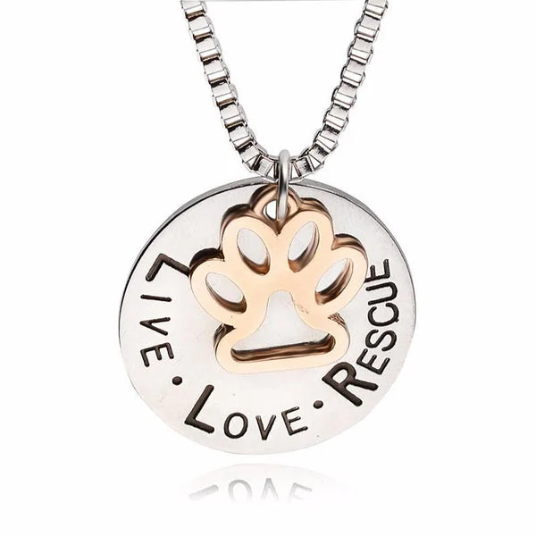 "LIVE LOVE RESCUE" Paw Print Silver Necklace Animal Jewelry