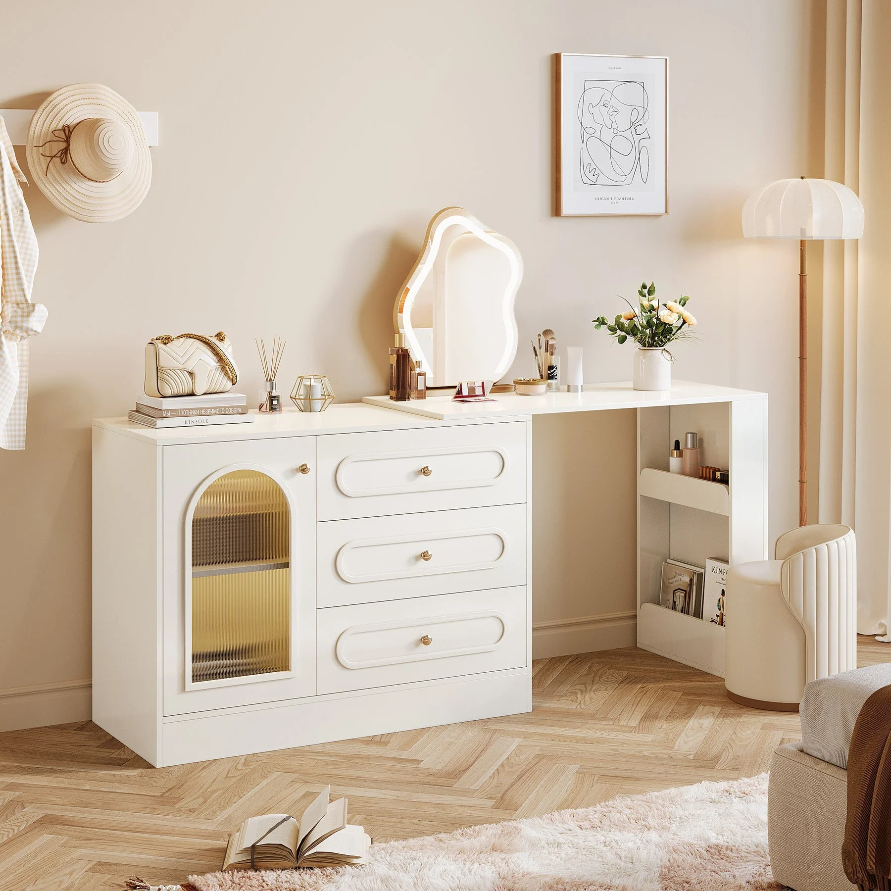 Makeup Desk, 360° Rotatable Vanity Desk with 3 Drawers(Without Mirror)