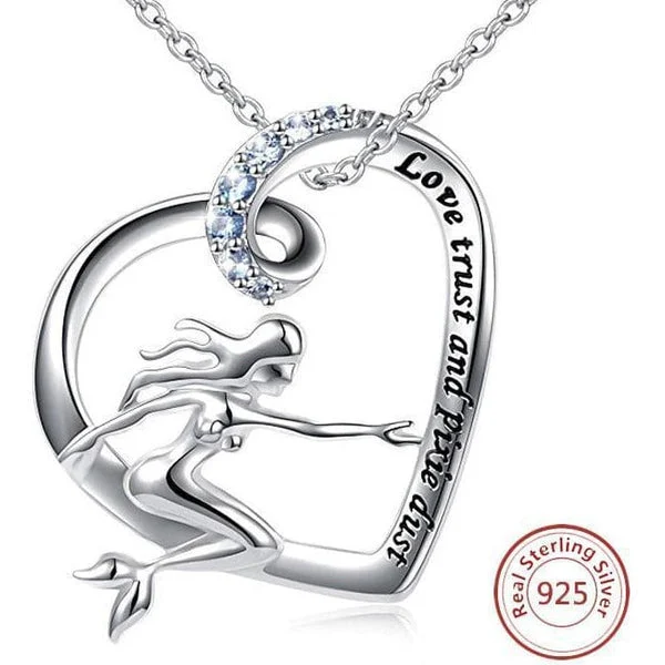 Mermaid in a Heart Necklace "Love, Trust and Pixie Dust" Sterling Silver with Blue CZ