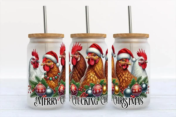 Merry Clucking Christmas Farm Chickens 16oz Frosted Libbey