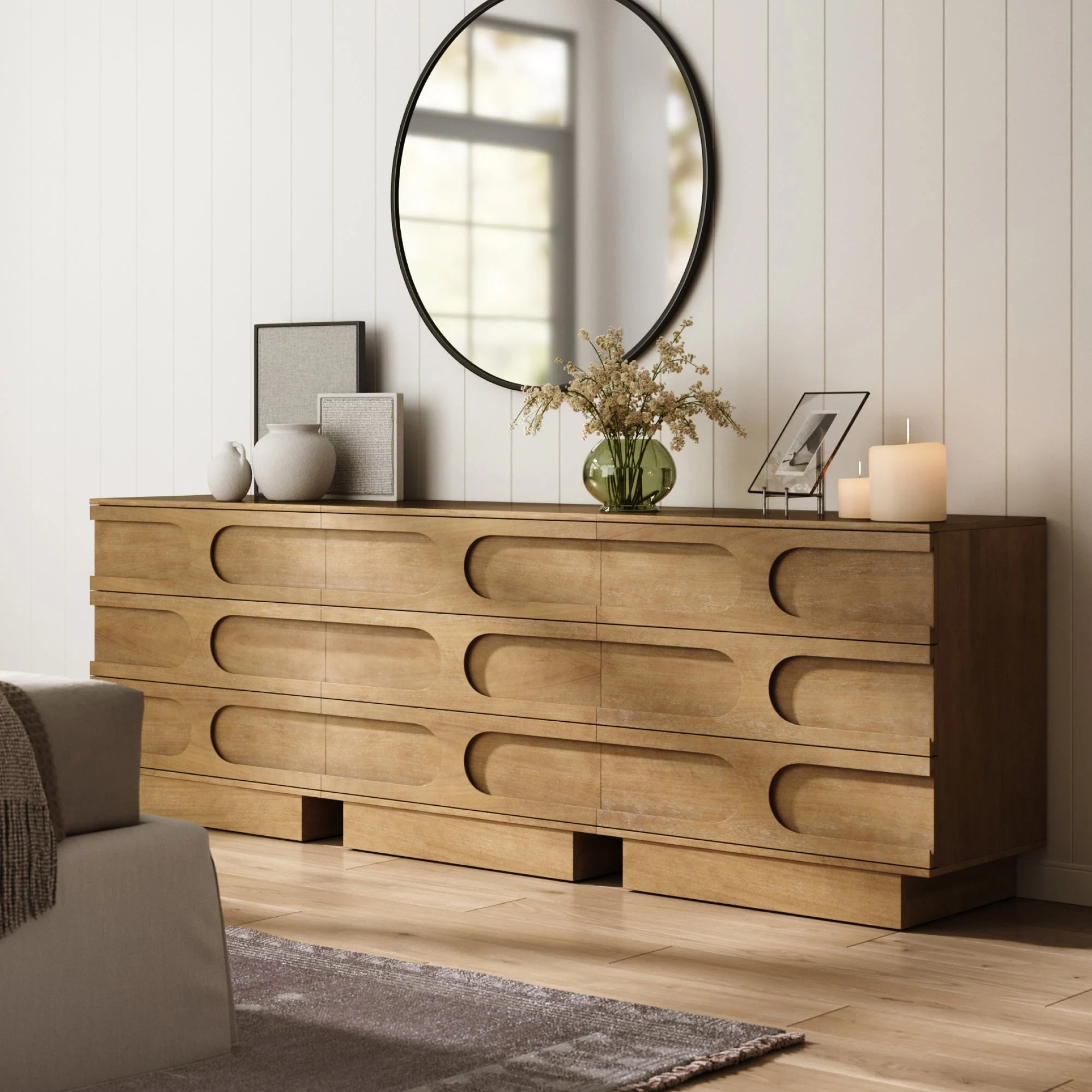 Mid-Century 9-Drawer Extra Large Dresser Light Brown (Set of 3)