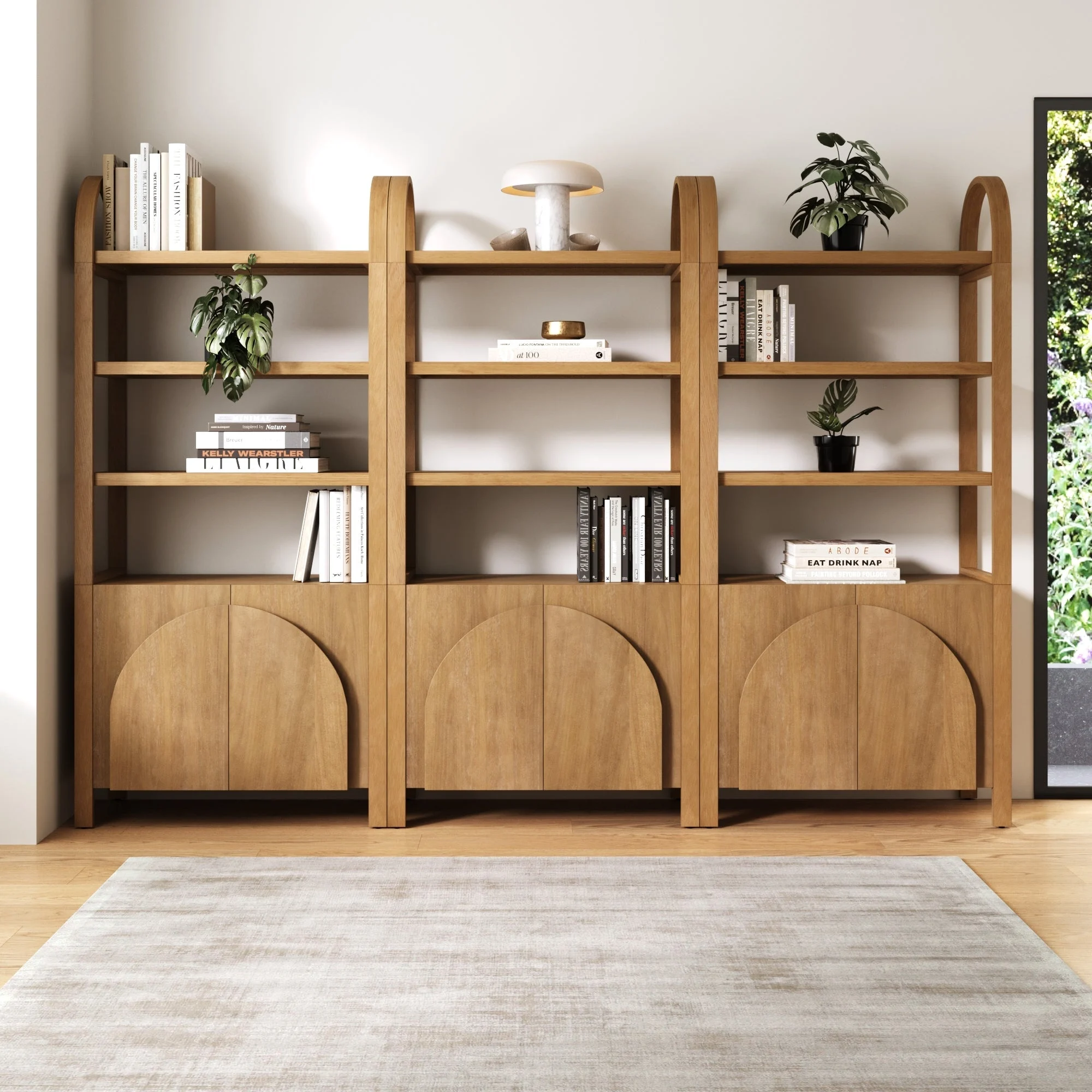 Mid-Century Arched Bookshelves with Doors Light Brown (Set of 3)