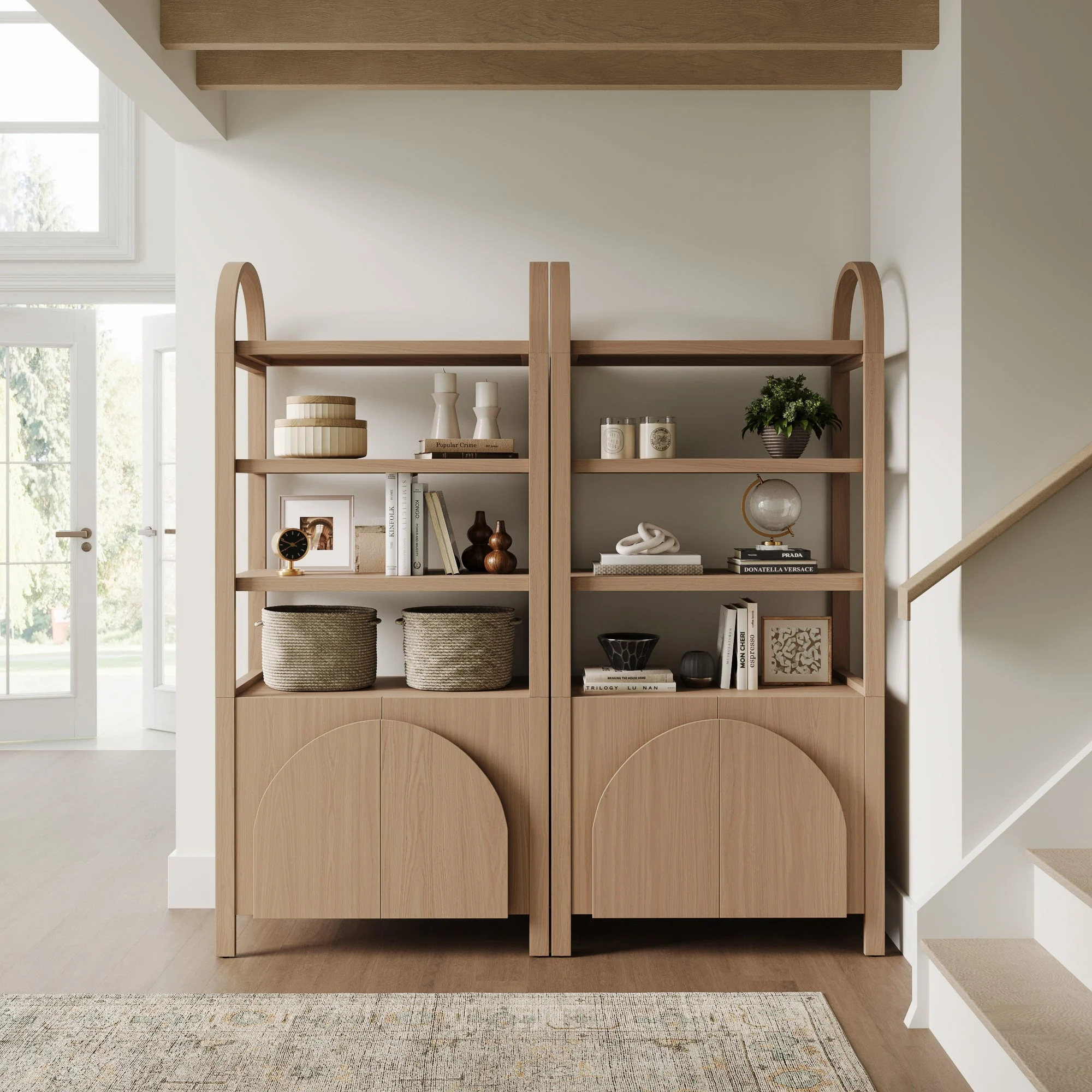 Mid-Century Arched Door Bookshelf with Doors Raw Oak (Set of 2)