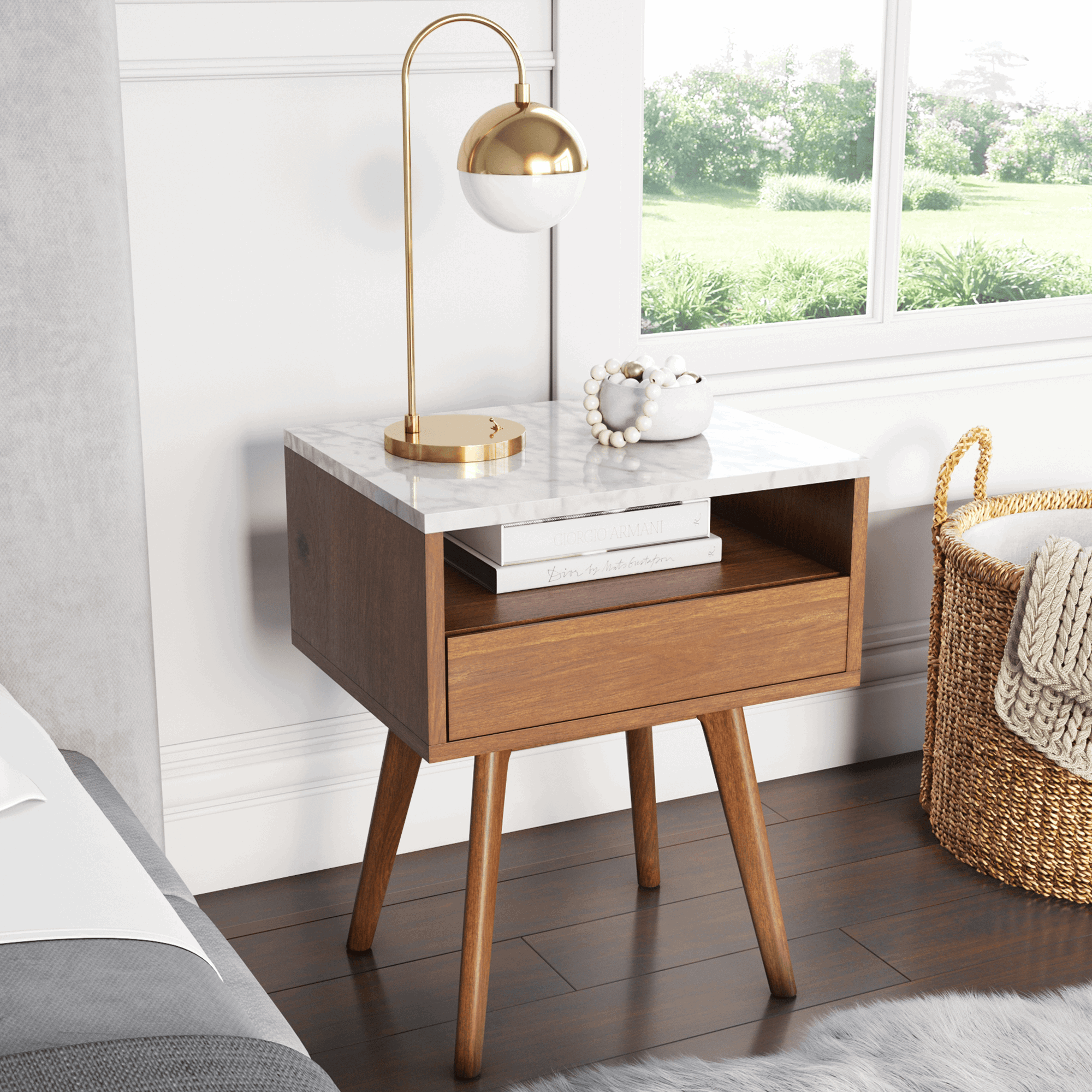 Mid-Century Faux Marble Nightstand with Drawer