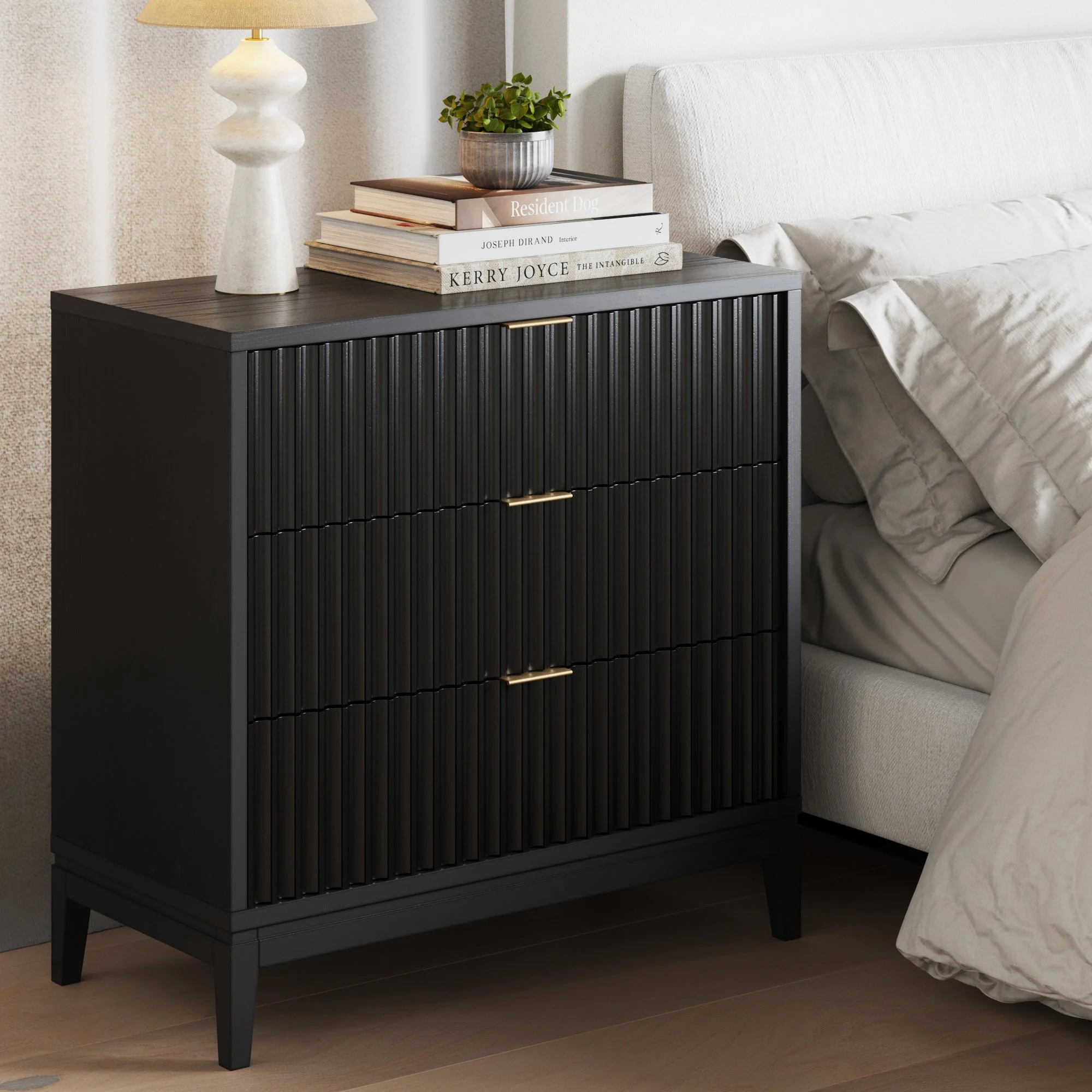 Mid-Century Fluted 3-Drawer Dresser Black Oak