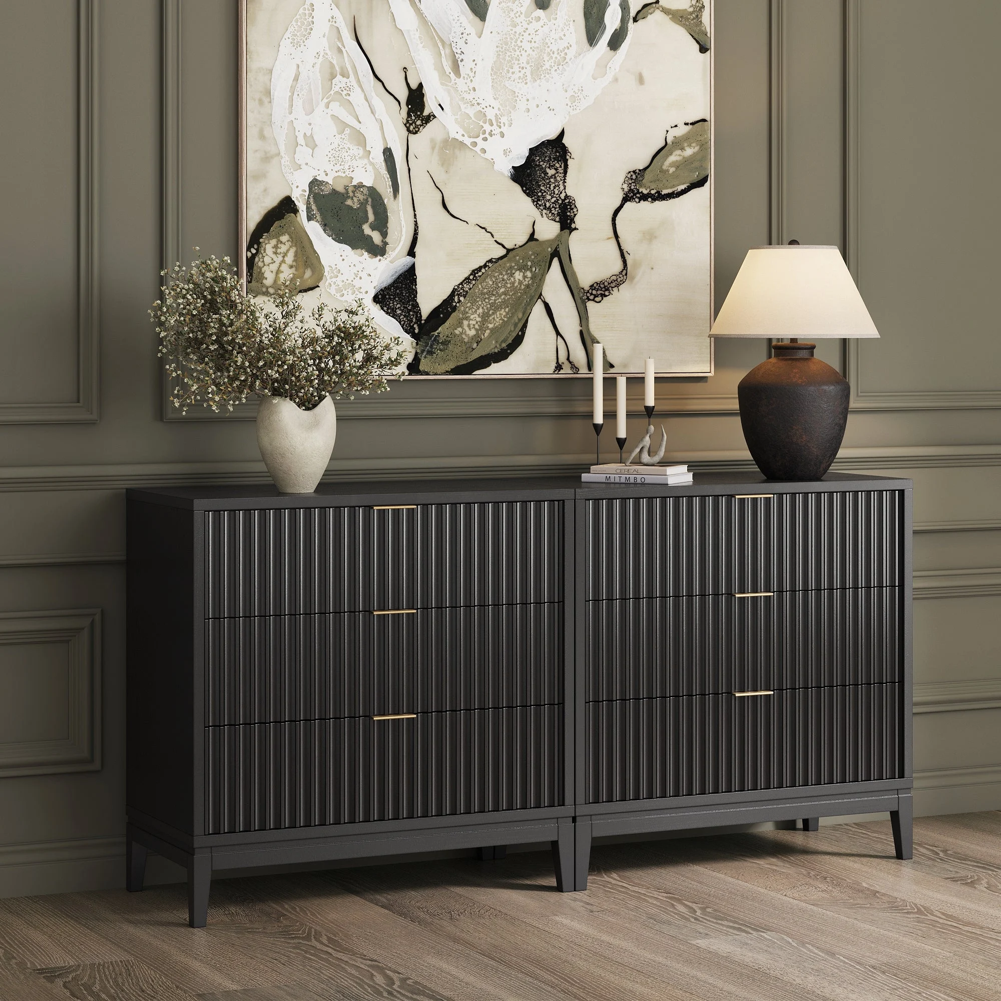 Mid-Century Fluted 3-Drawer Dressers Black Oak (Set of 2)