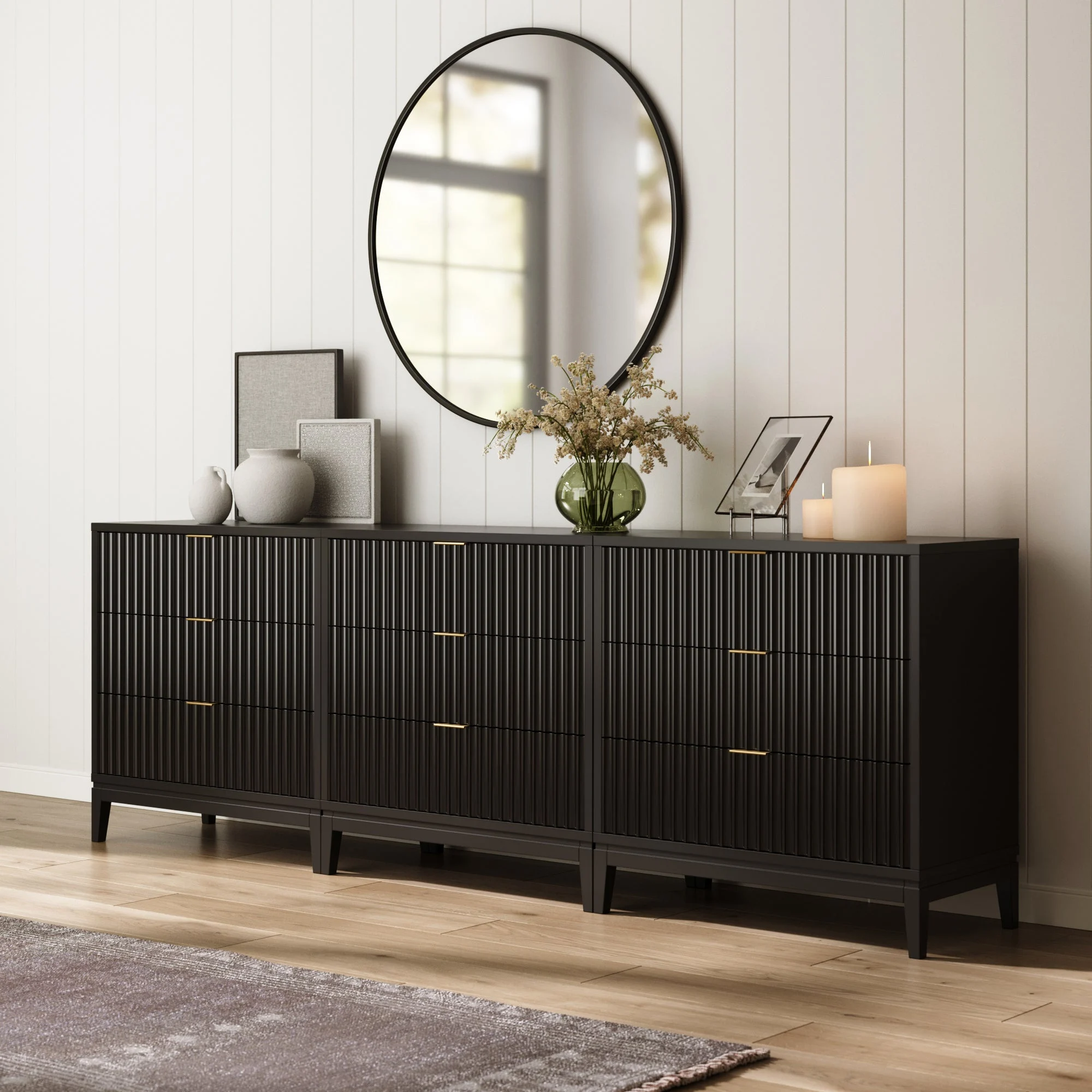 Mid-Century Fluted 9-Drawer Extra Large Dresser Black (Set of 3)