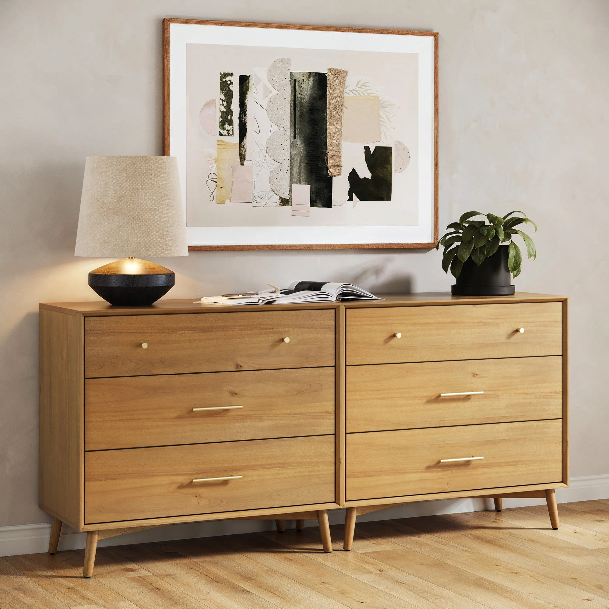 Mid-Century Modern Acacia 3 Drawer Dresser Set of 2