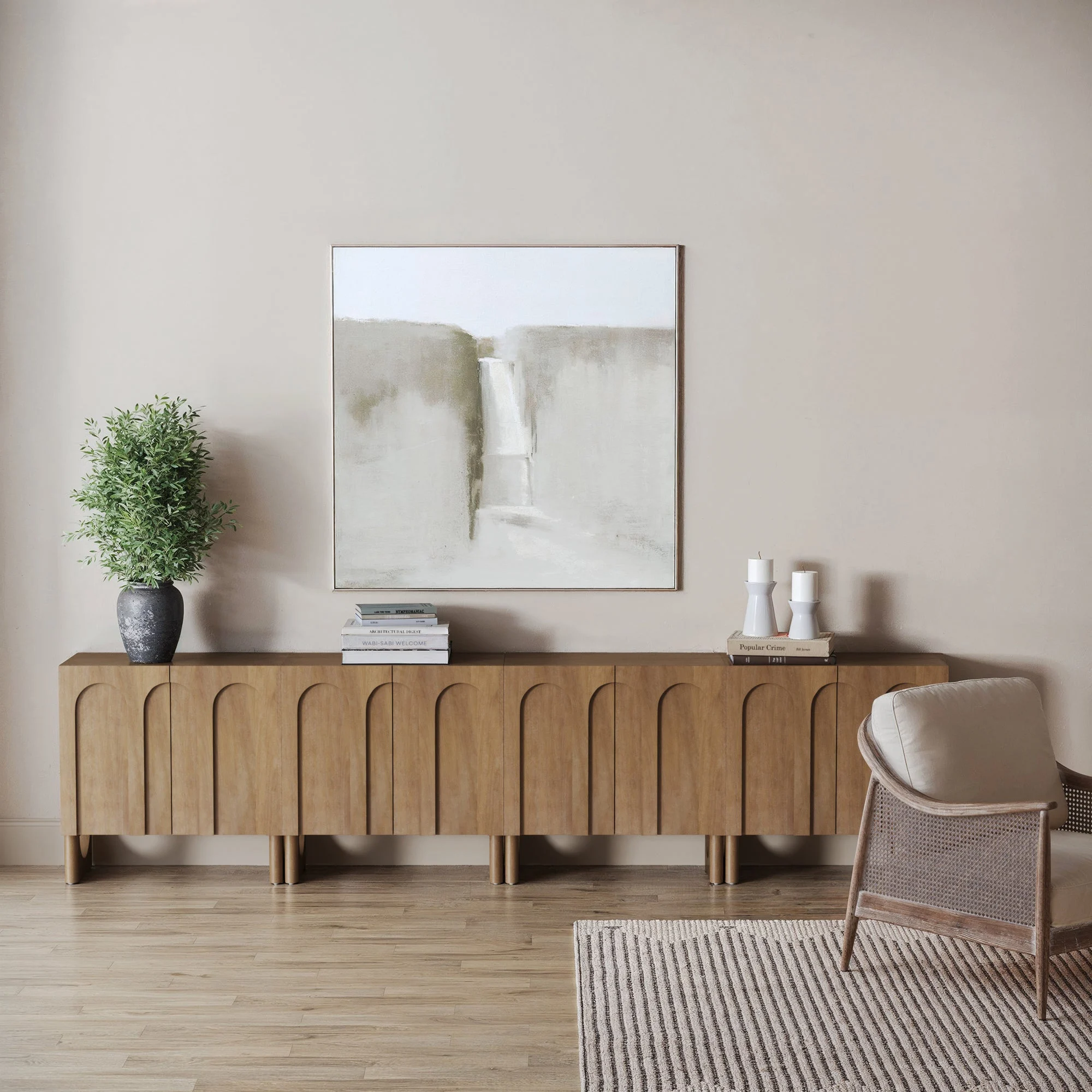 Mid Century Modern Credenza Console Cabinet Light Brown (Set of 4)