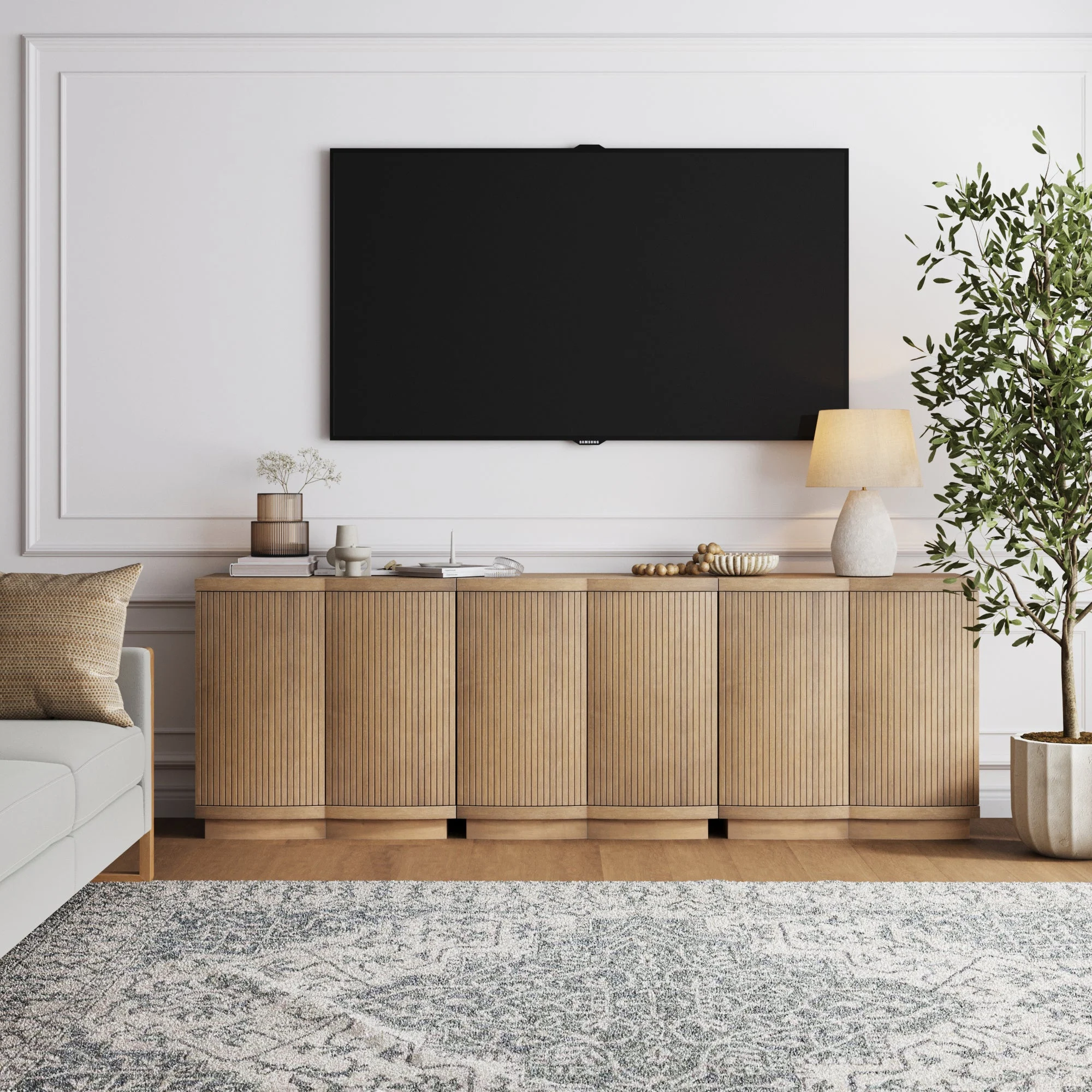 Mid-Century Modern Fluted TV Console Light Brown (for TVs up to 75")