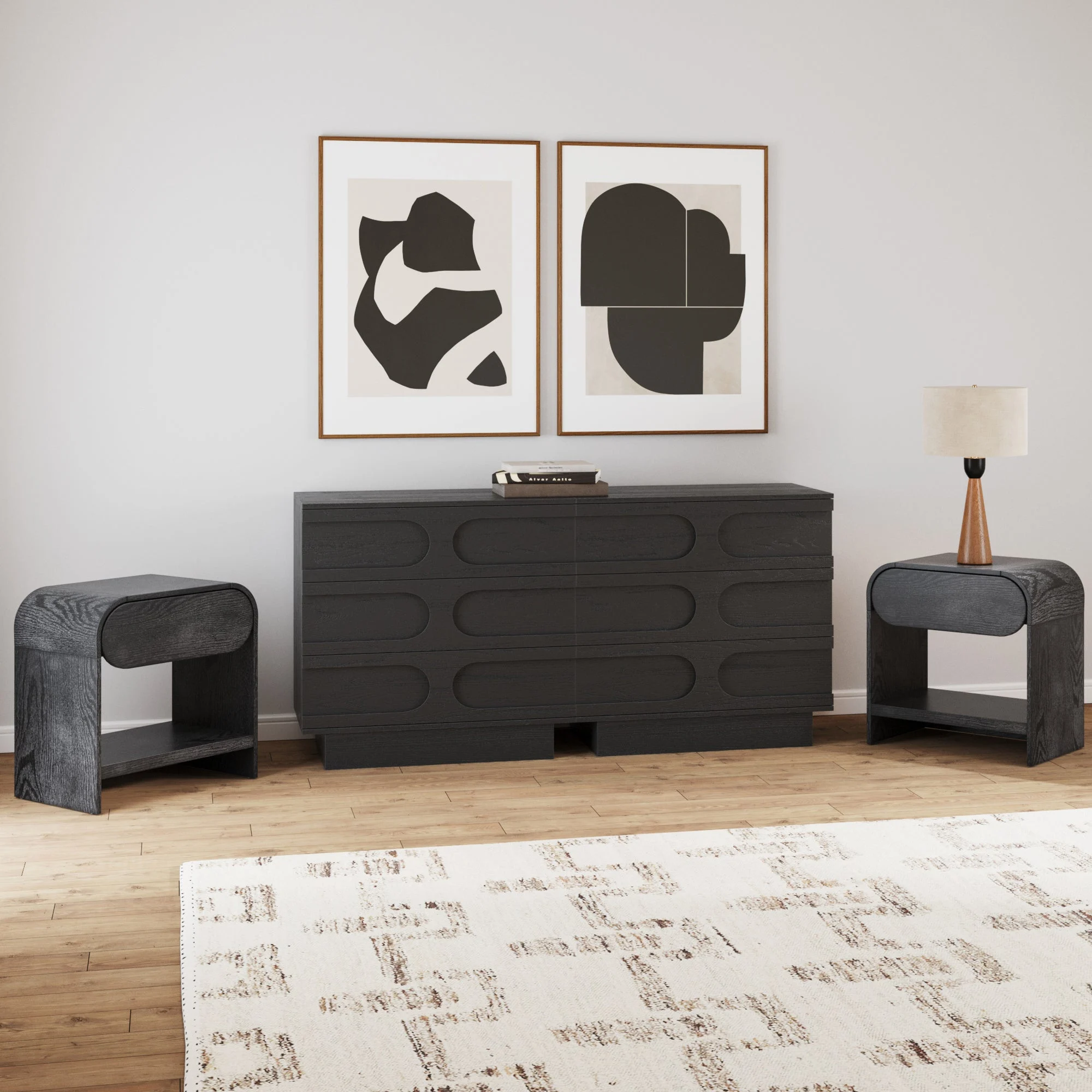 Mid-Century Two Arched Dressers and Nightstands Set Black Oak