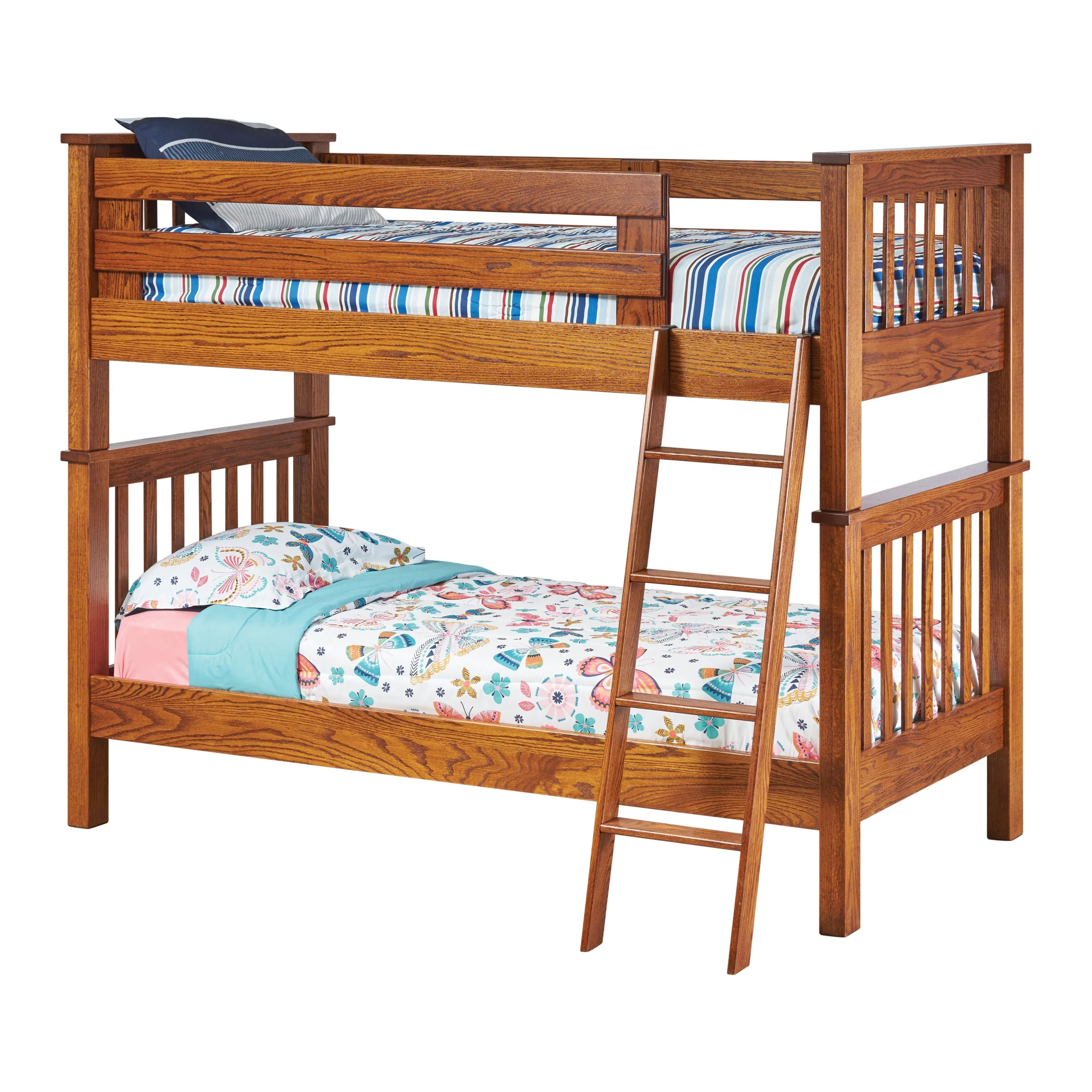 Mission Oak Wood Twin Over Twin Bunk Bed with Ladder | MC