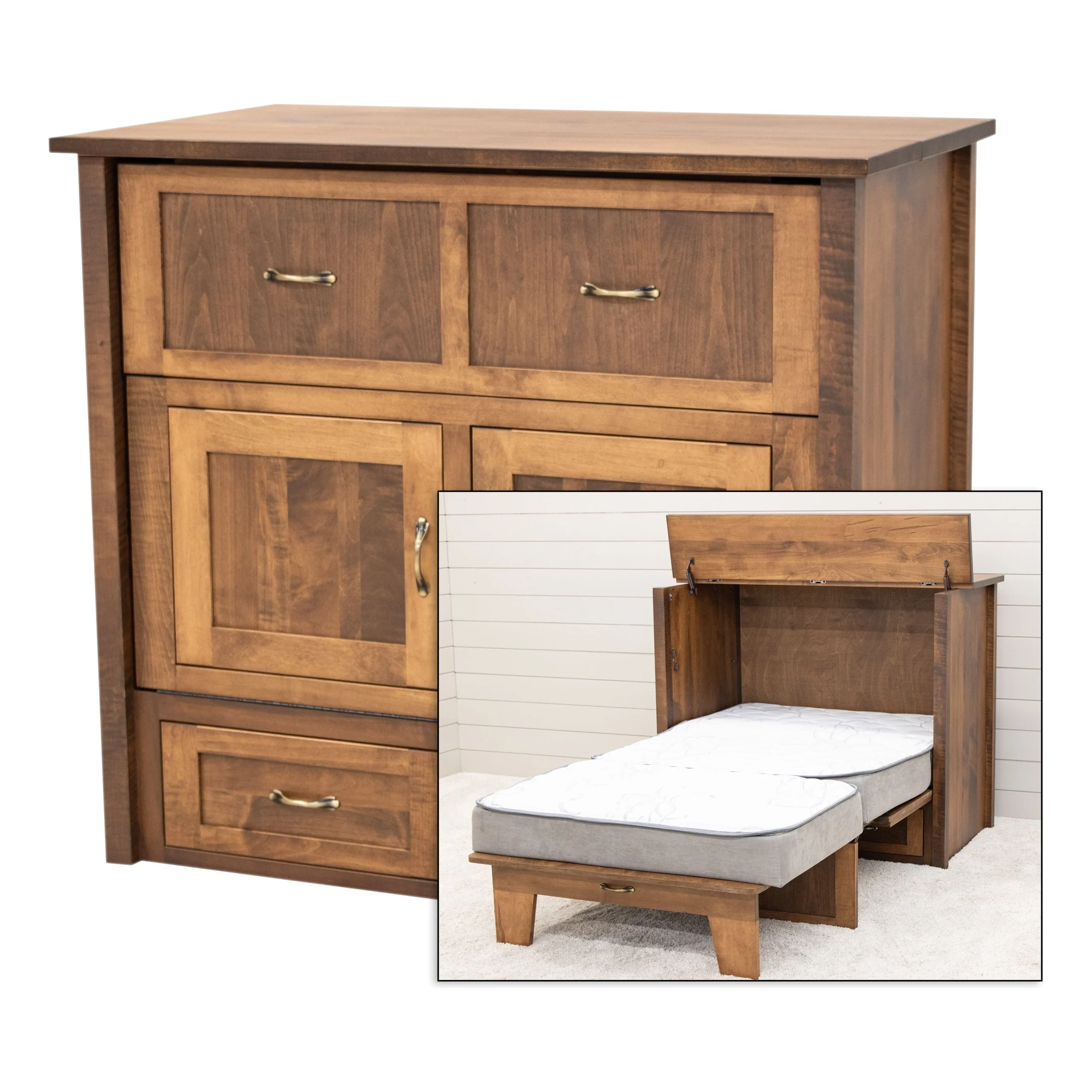 Mission Style Maple Wood Twin Size Murphy Bed Cabinet with Drawers | HC
