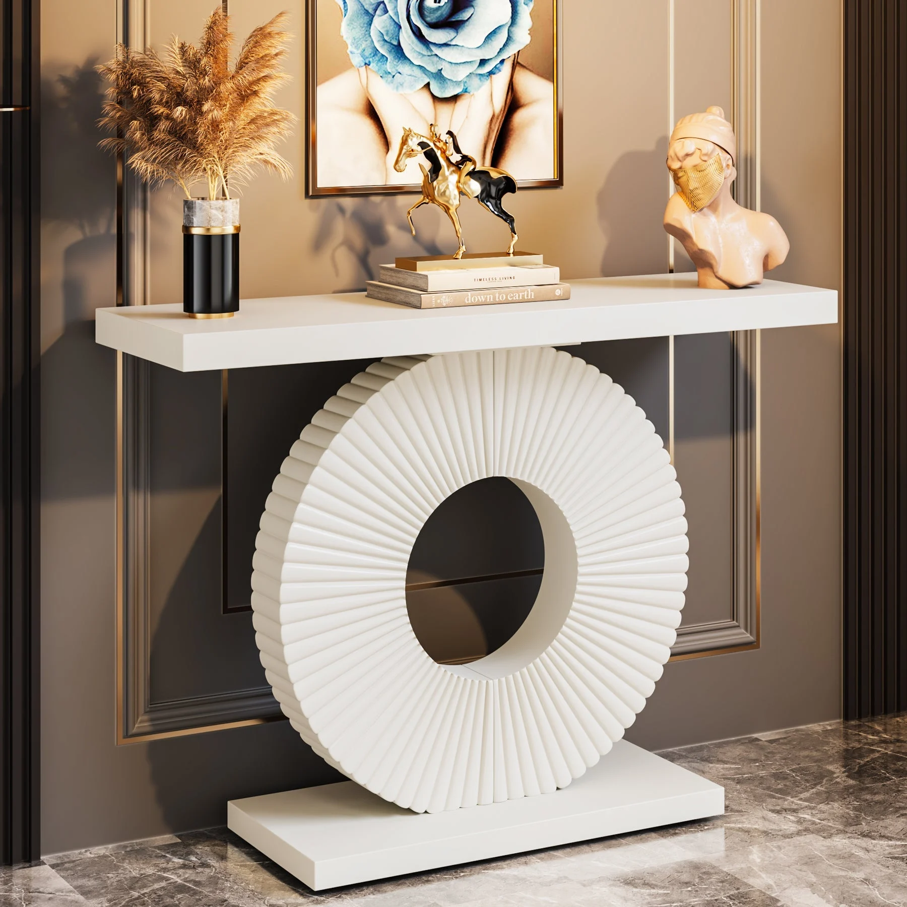 Modern Console Table 40" Wood Sofa Table with Geometric Base